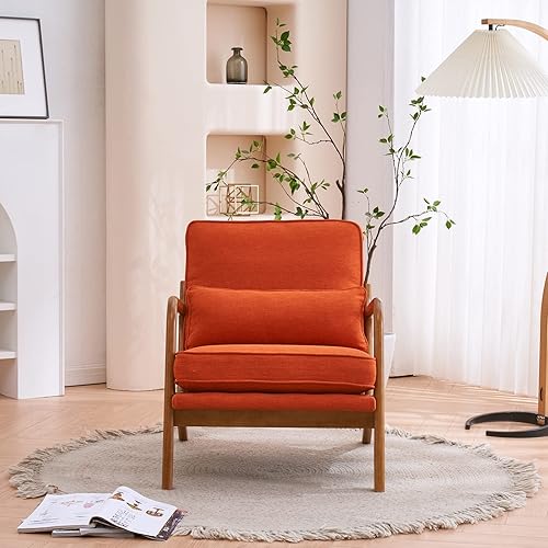 Miniatura 3 de Sillón tapizado para sala de estar, moderno de lino para interiores, silla de ocio individual con reposabrazos de roble y almohada lumbar, silla de