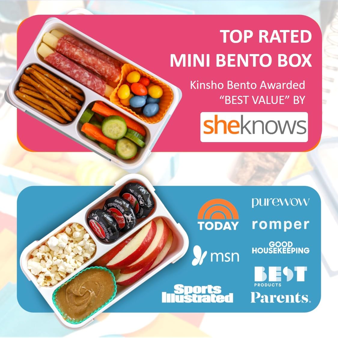 kinsho Pojemnik na przekąski dla dzieci, mini pudełko na lunch Bento, małe, szczelne, dla małych dzieci, dziewcząt, na przekąski, lunch, 3 przegródki, do szkoły, przedszkola, różowy, fioletowy,