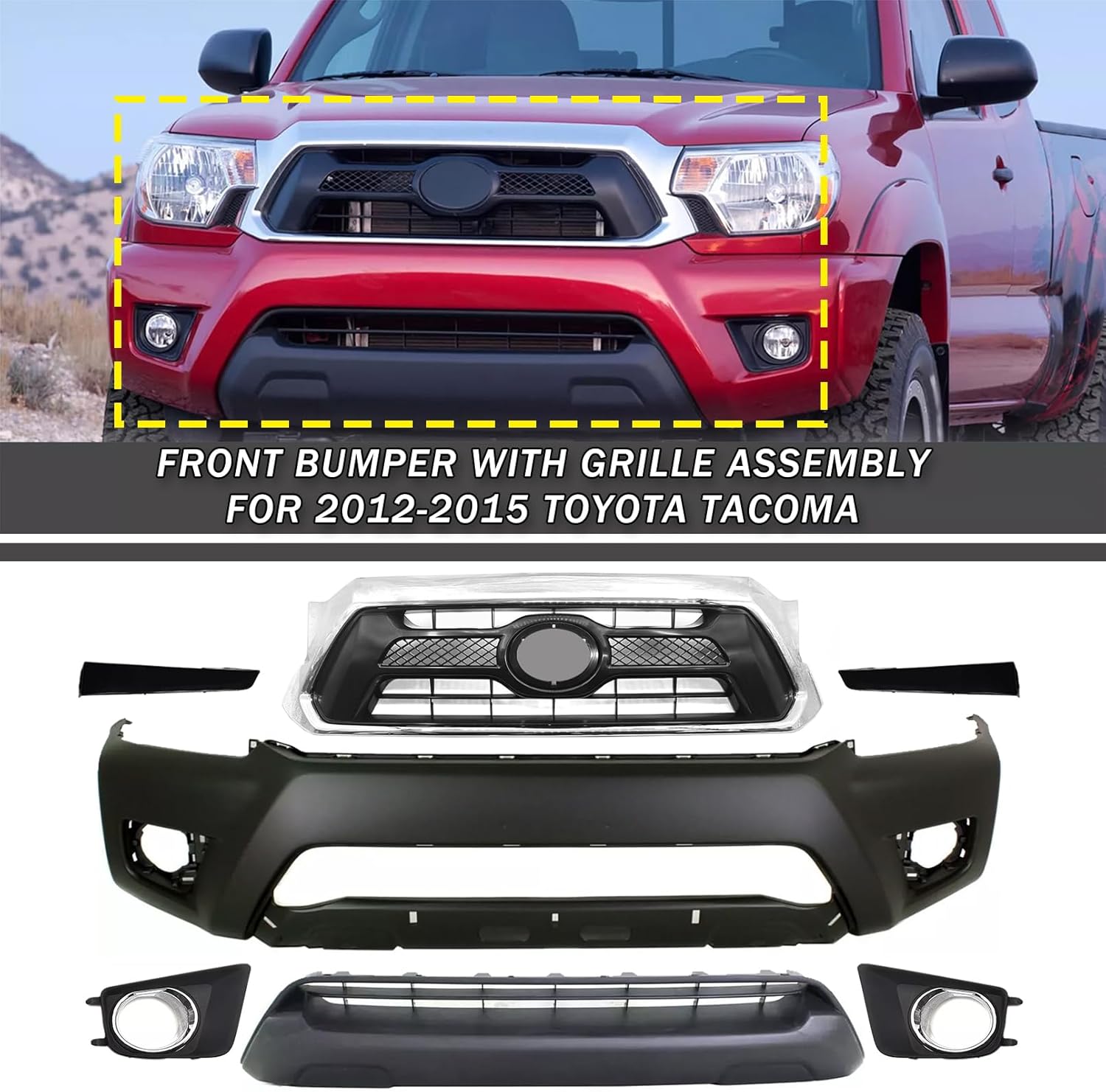 Bewild Front Bumper Body Kit Fit For 2012 2013 2014 2015 Toyota Tacoma Front Bumper Cover With Grille Assembly + Headlight Filler Trim Panels + Foglight Bezel Covers (Chrome)