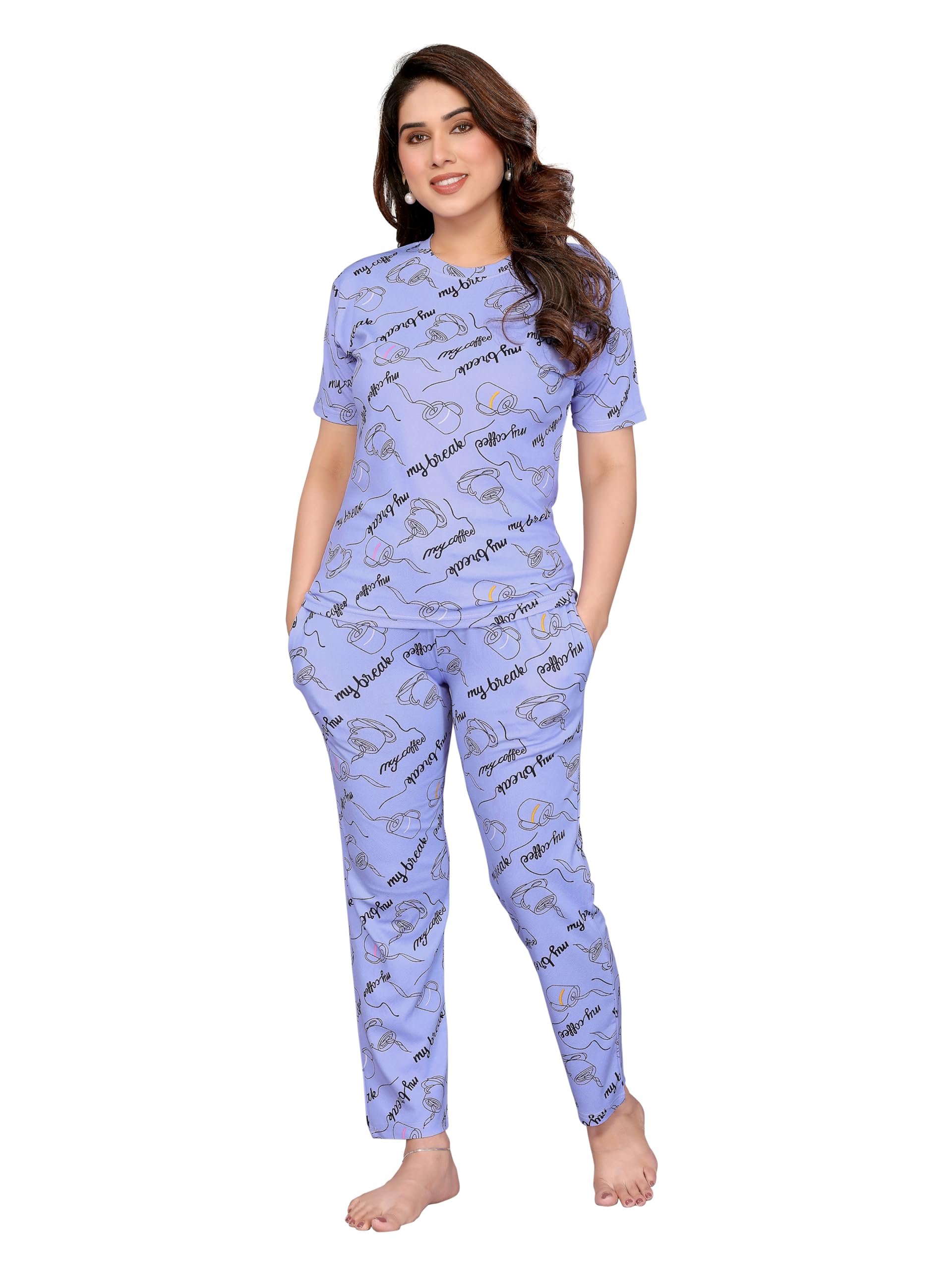 Women'S Cotton Lycra Printed & Knitted Round Neck Night Wear Set Of Top And Pazama