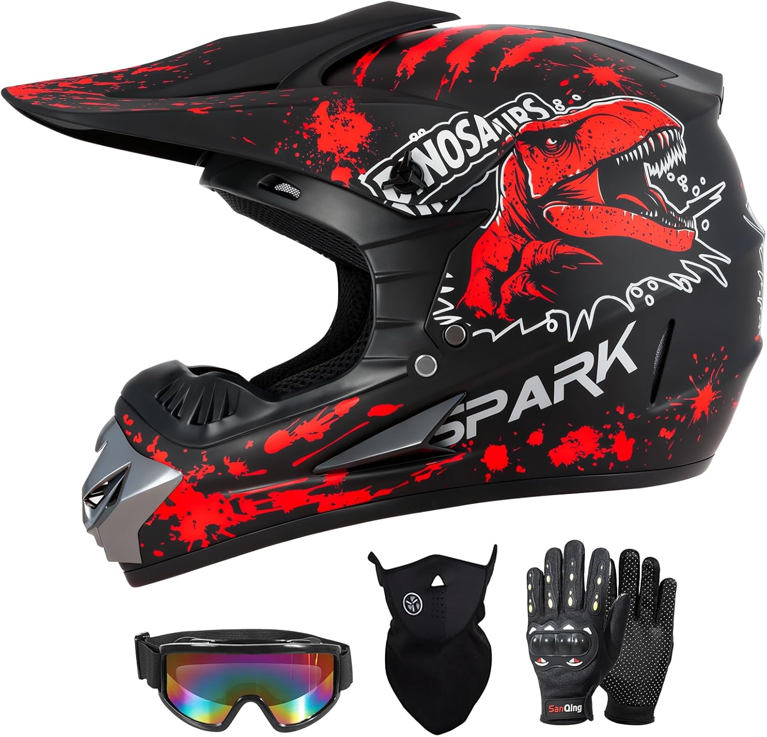 SPARK Youth Kids Dirt Bike Helmets - Lightweight & Vented, Full Face, 4Pcs Set with Gloves, Goggles & Mask for Ages 5-14 (Motocross ATV Off-Road) DOT Approved