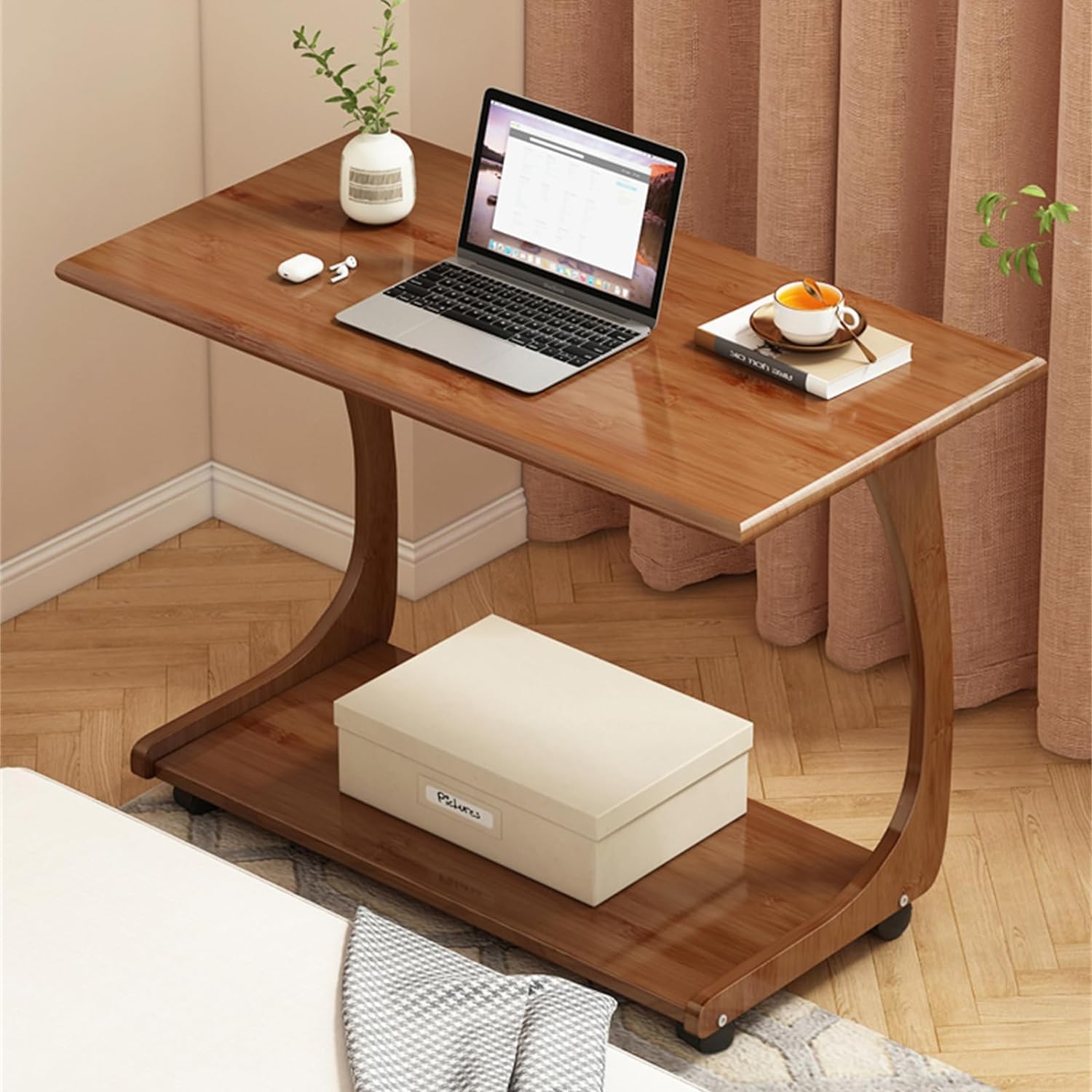 Aimery Office End Table C Shape Bedside Table Nightstand TV Tray Table Mobile Side Table with Wheels, Sofa End Table, with Bottom Shelf, for Bedroom (Size : 70 * 40 * 64CM)