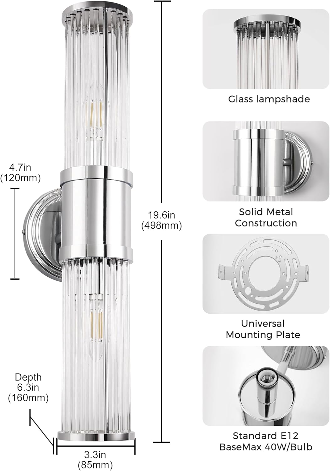 DORESshop Silver Wall Sconce, 19.6” Sconces Lighting, 2-Light Modern Light Fixtures, Bathroom Vanity Light for Living Room, Bedroom, Sconces Wall Decor, 1pack