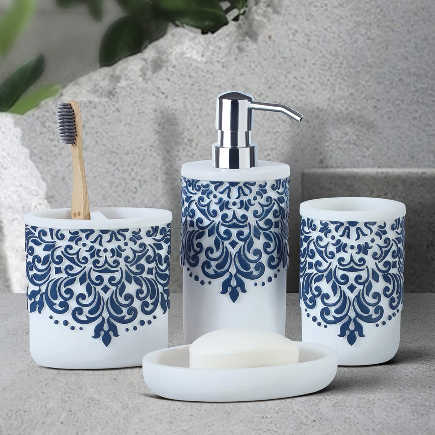 Polyresin Bathroom Set Set Sturdy and Compact Build, Easy to Maintain, Elegant & Unique Look Accessories, White & Blue