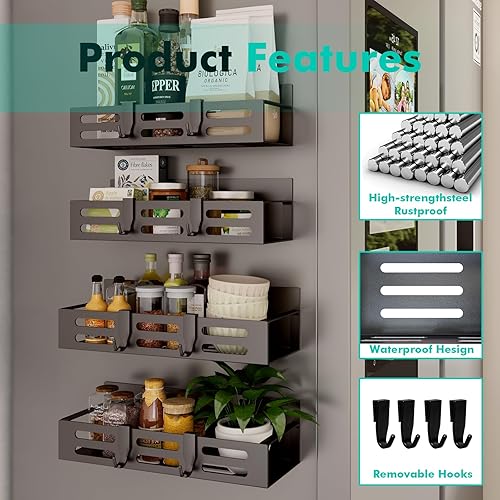 Miniatura 4 de Paquete de 4 estantes magnéticos para especias para refrigerador, estante magnético negro y nevera, organizador de gabinetes de cocina, organización