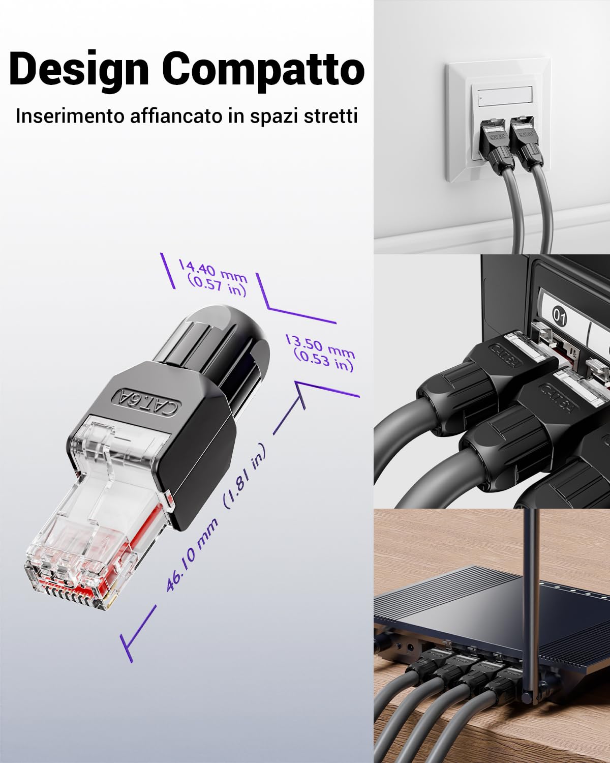 VCELINK Cat6A Connettore RJ45 Senza Attrezzi LSA, 10 Gbps/500 MHz, Compatto Riutilizzabile, Plug RJ45 UTP Placcato in Oro per Cavo di Rete AWG 23-26, Compatibile con PoE, Nero, 6 Pezzi