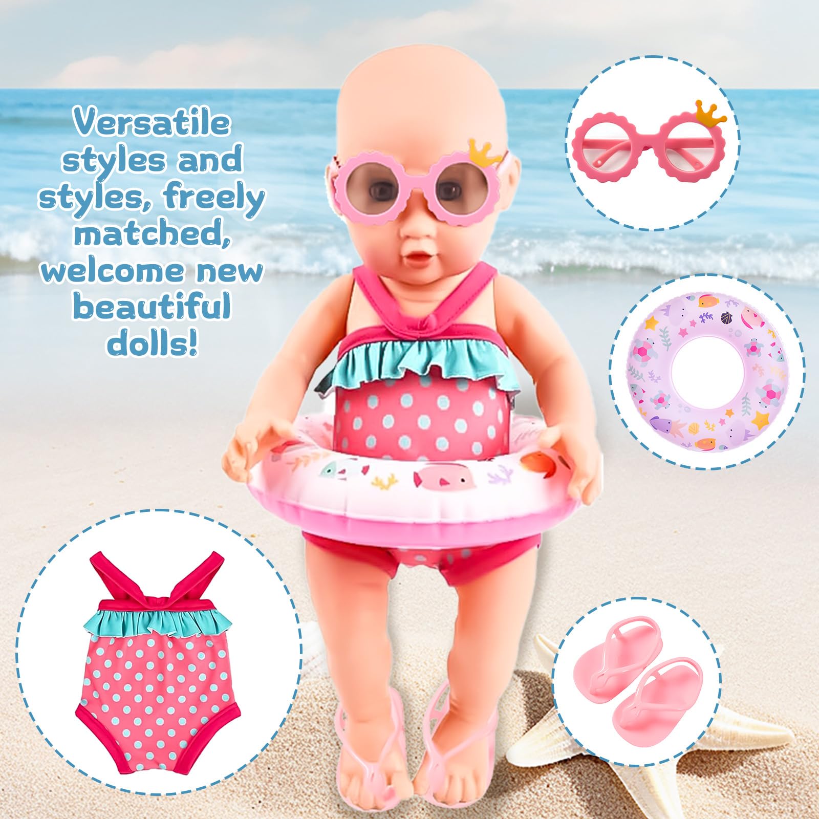 Set di Nuoto per Bambole 7 Pezzi,Estate Costume da Bagno per Bambole,Costume da Bagno per Bambole,Vestiti Bambole Reborn,Accessori per Bambole Reborn 35-45CM,Regalo per Ragazze