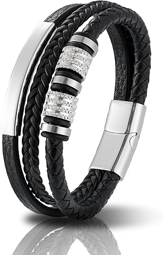 Pulsera de cuero para hombre con hebilla de acero inoxidable 316L Pulsera trenzada multicapa Regalo para hombres NegroChapado en OroBlanco Chapado