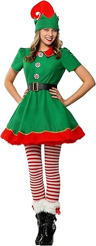 Adult Holiday Elf Costume, Women's Elf Outfit with Elf Dress, Hat, and Belt, Christmas Costume for Women
