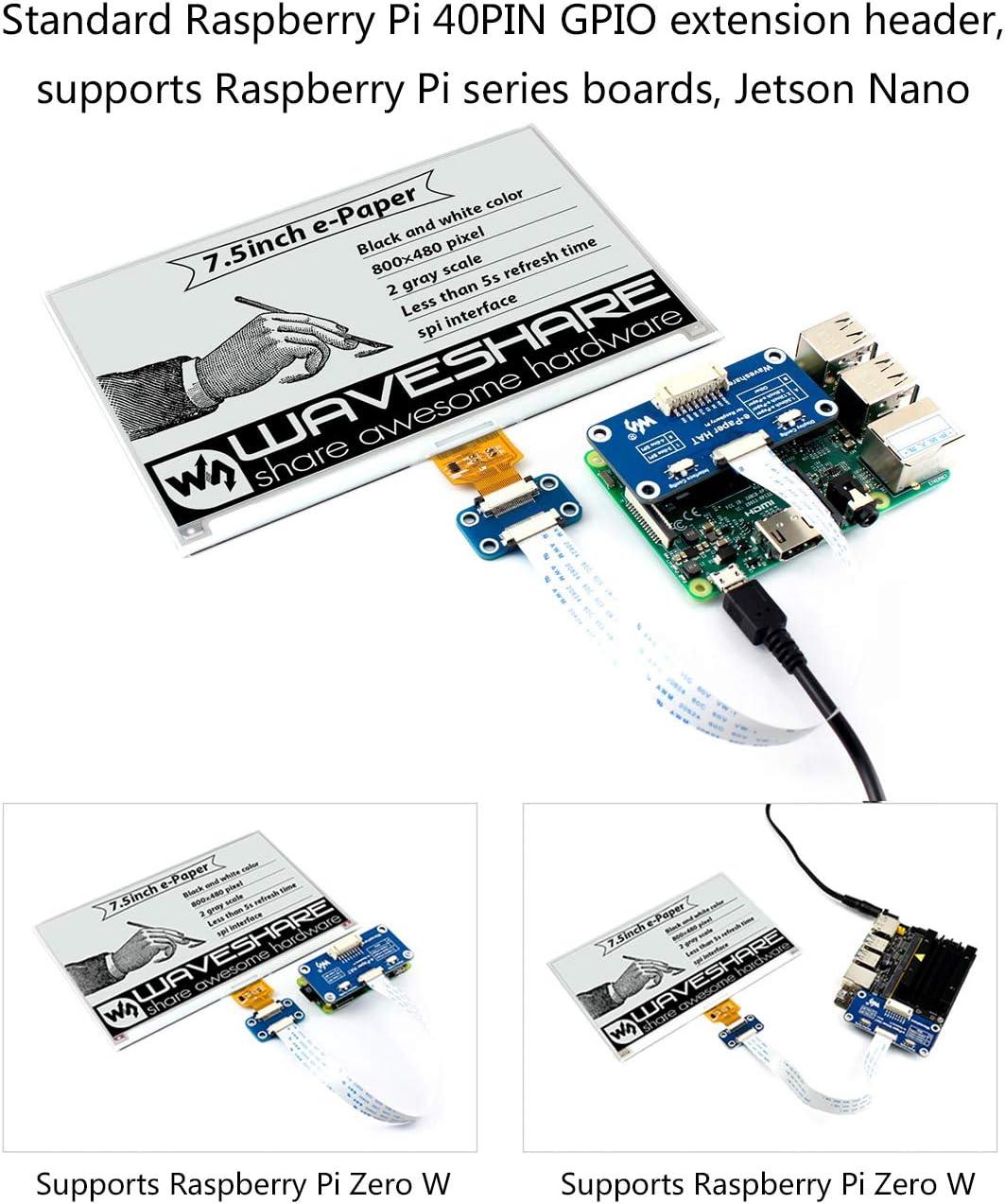 One-Day Sale: Up to 50% Off 7.5inch E-Ink Display HAT,800x480 Pixel Black,White Two-Color SPI Interface E-Paper Screen LCD for Raspberry Pi 4B/3B+/3B/2B/Zero/Zero W/Zero WH and Jetson Nano no/Ard/Nucleo