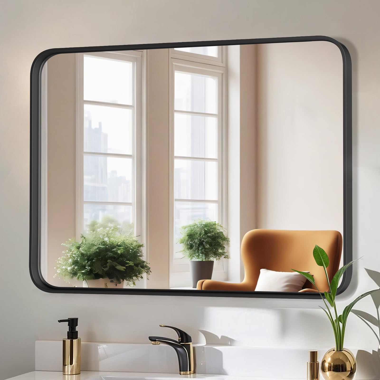 Bathroom Mirror for Wall, 40x30 Inch Rounded Rectangle Mirror, Black Metal Framed Bathroom Vanity Mirror for Restroom Farmhouse, Anti-Rust, Tempered Glass, Horizontally or Vertically Hanging