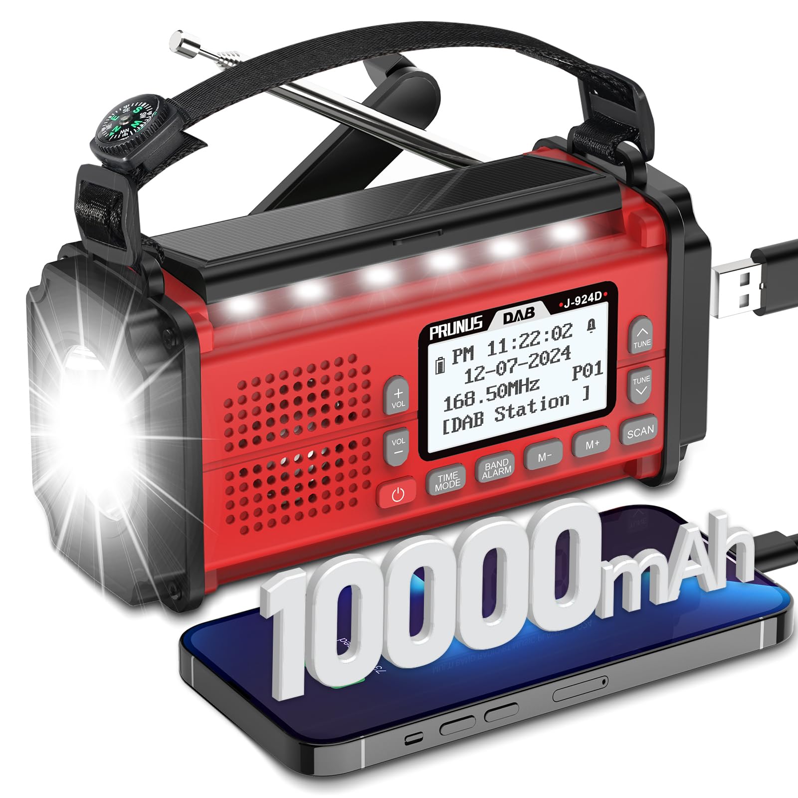 PRUNUS J-924 Dab/UKW Radio cyfrowe z funkcją wstępnego wyboru, małe przenośne radio z 10000 mAh Power Bank, Radio słoneczne i baterie, z korbą, latarką, SOS. (czerwony)