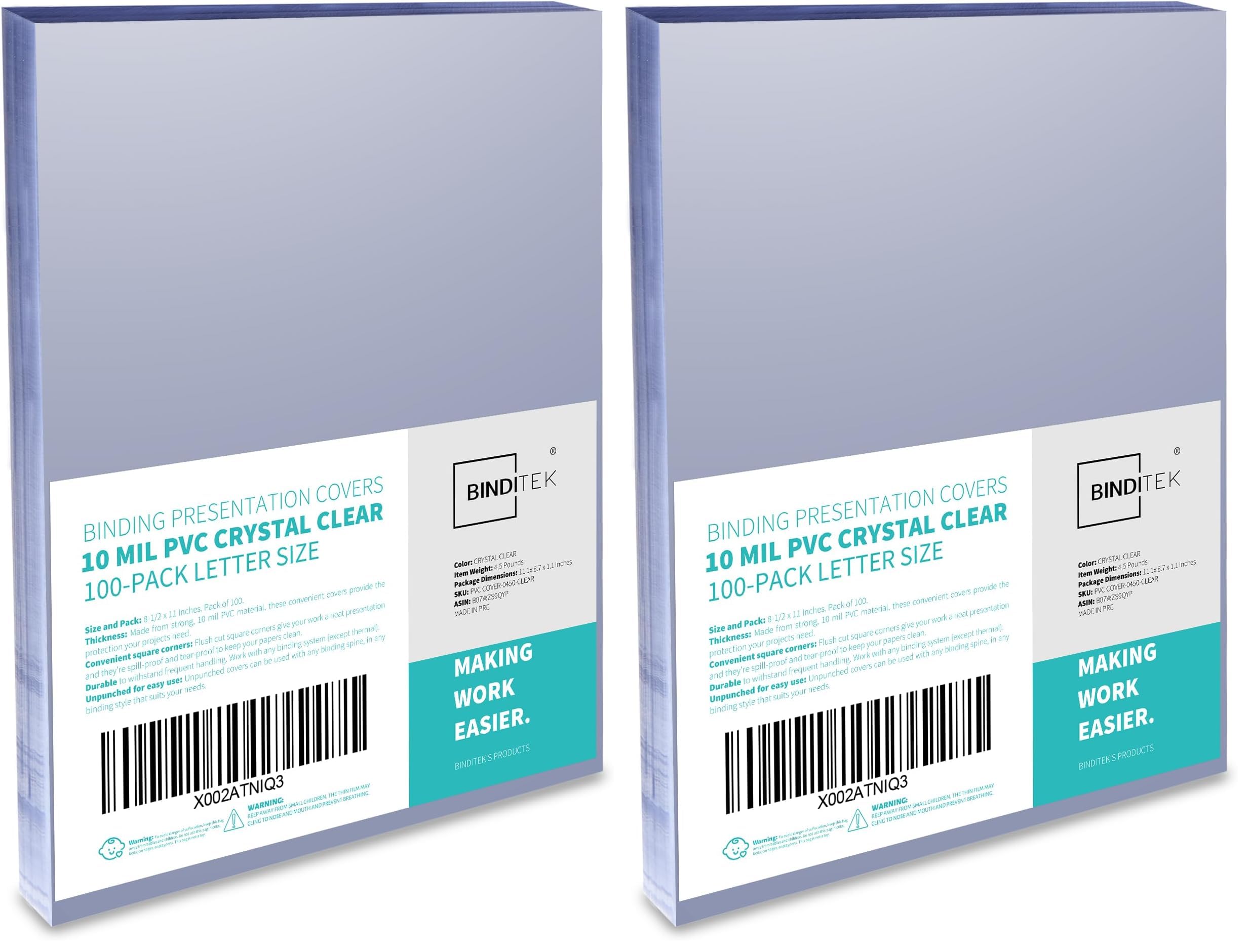 Binditek 10 Mil PVC Binding Covers, 8.5 x 11 Inches, Clear, 200 Pack
