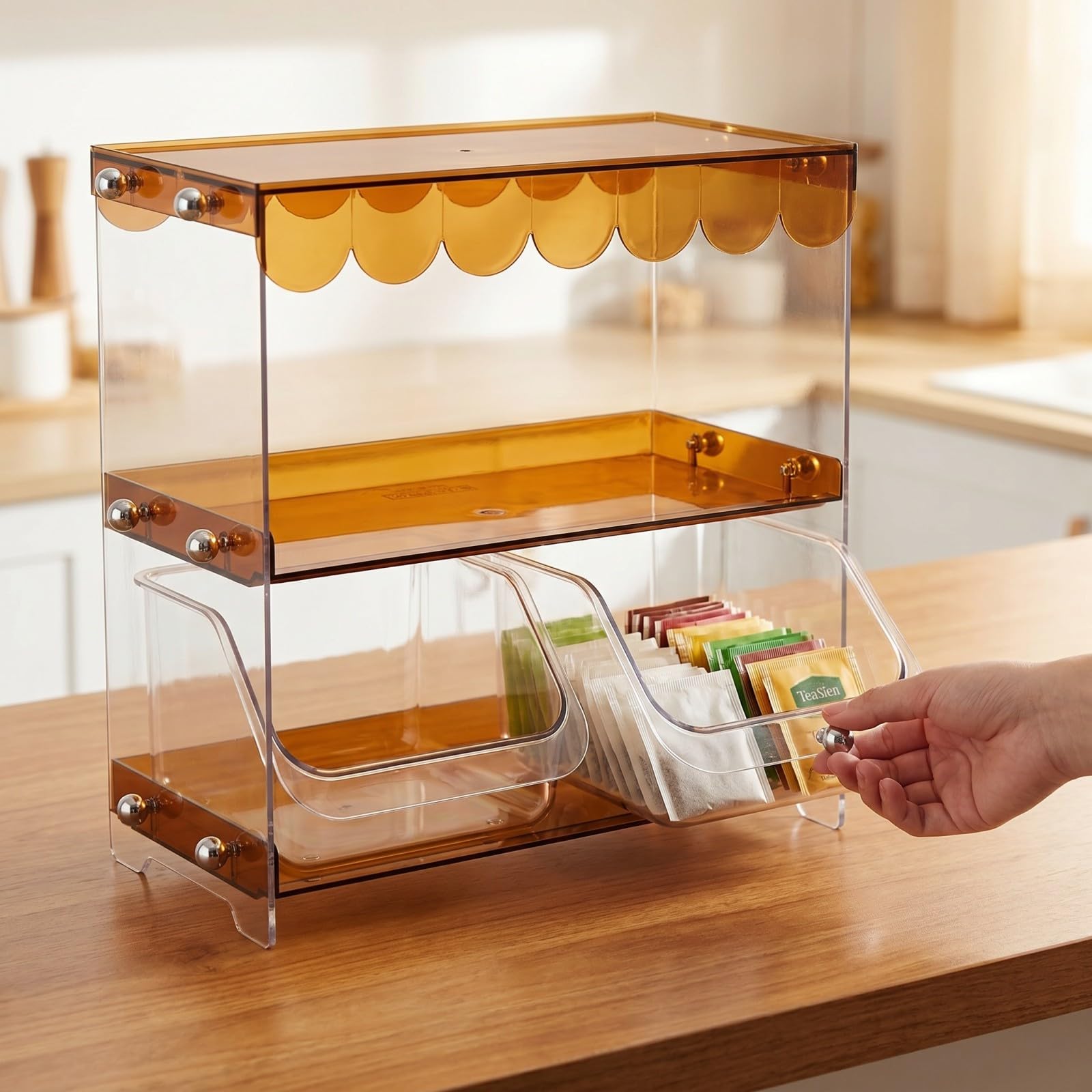 OUNONA Caja Organizadora Material Pet con Diseño Ahorrador de Espacio 2 Niveles con Cajón Extraíble y Compartimentos Múltiples para Bolsas de Té para Cocina u Oficina
