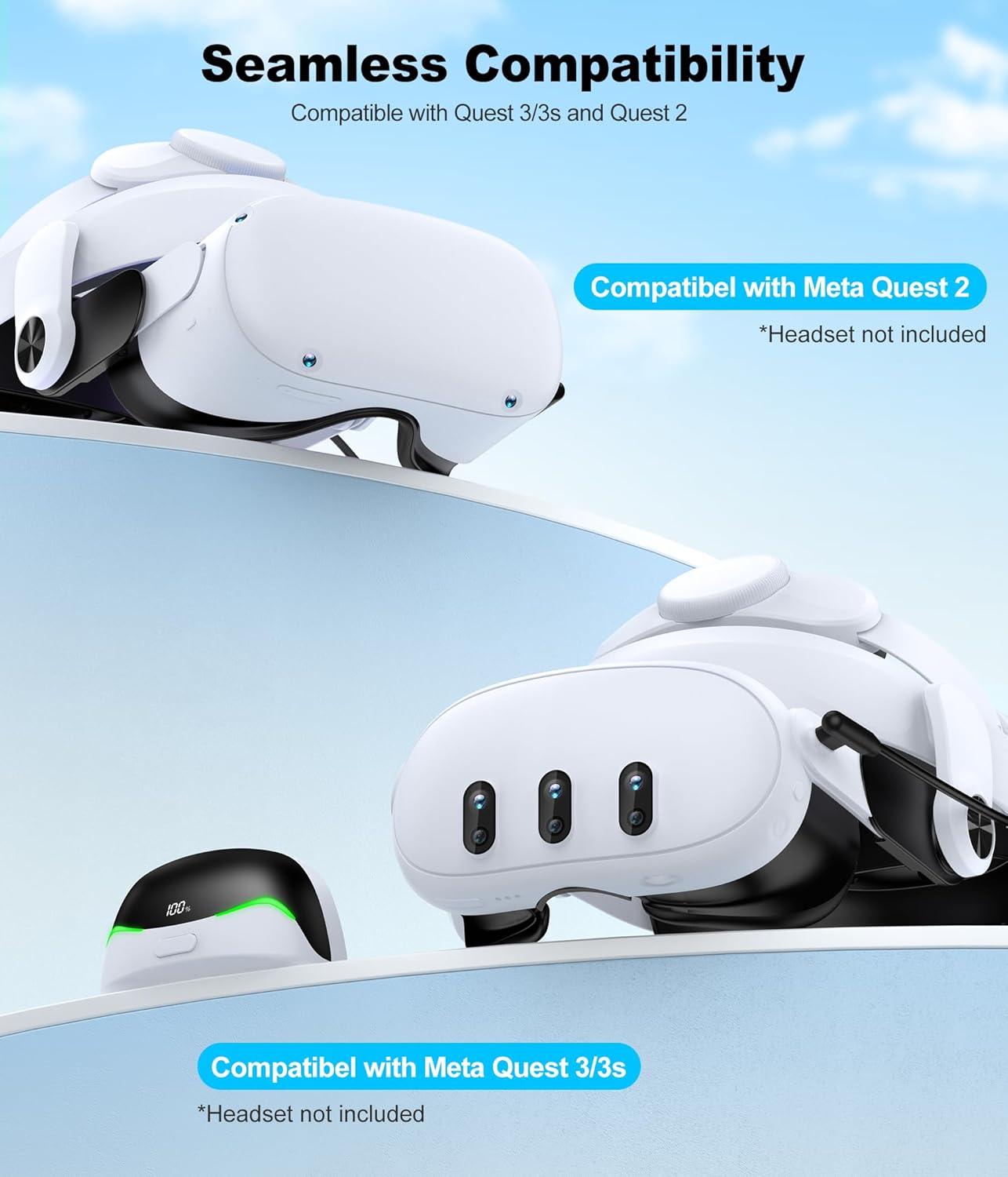 Hot-Swappable Battery Head Strap for Quest 3/Quest 3S/ Quest 2, 2X10000mAh Magnetic Battery for Extra 6-8H Playtime, Comfort VR Headstrap Reduce Pressure