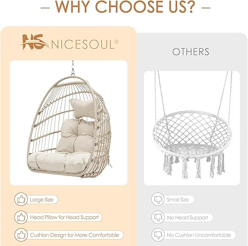 Miniatura 6 de Silla colgante de mimbre con soporte para porche Hamaca resistente a los rayos UV con estructura de aluminio, 350 libras de capacidad, para balcón,