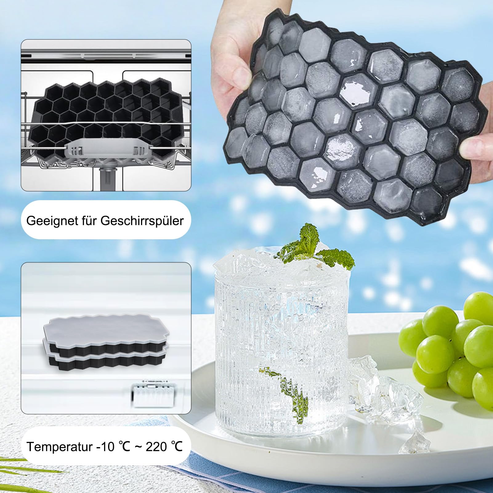 Rottay Stampo Per Cubetti Di Ghiaccio In Silicone, 2 Vassoi (Blu + Viola) Con Coperchio, 37 Scomparti Per Vassoio, Impilabili, Per Whisky, Cocktail, Cioccolato, Alimenti Per Bambini - 2