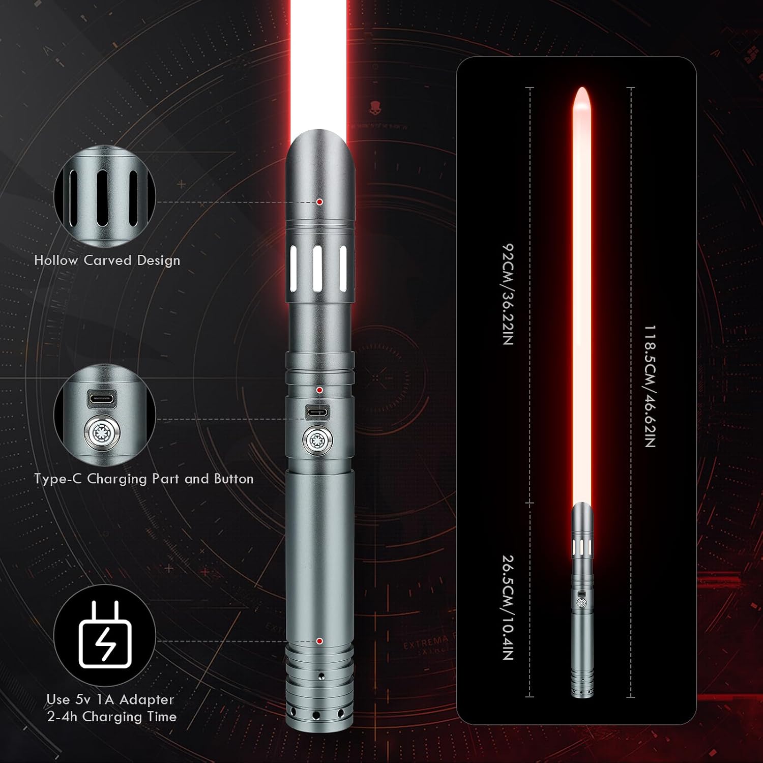 DAMIENSABER 2 Pack RGB Light Sabers 4 Sound Fonts, Heavy Dueling Baselit Light Saber 12 Colors Changing, Volume Adjustable Metal Hilt Light Saber, Grey- Not APP Version