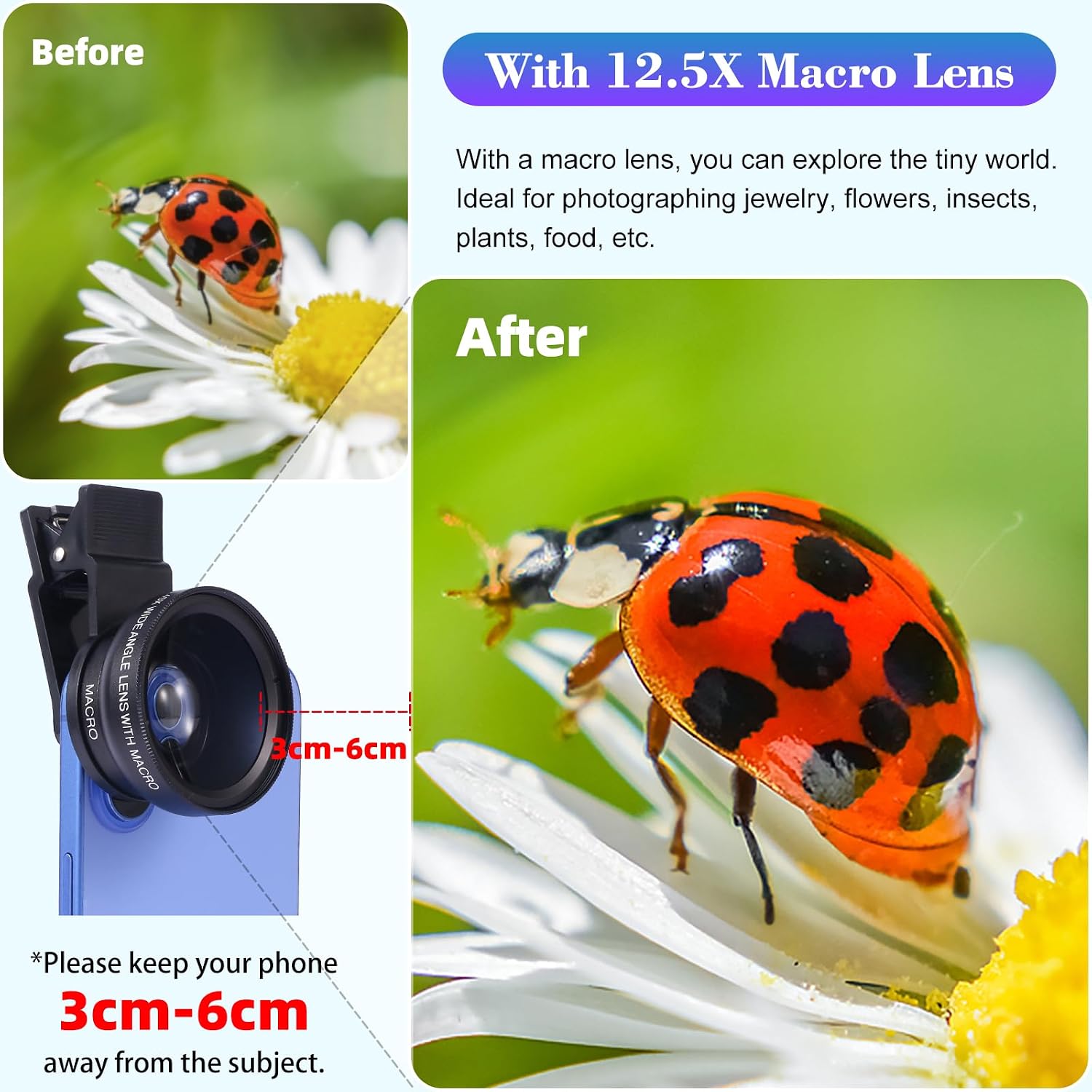 2-in-1 Phone Lens: 0.45X Wide-Angle & 12.5X Macro for Landscape & Micro