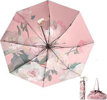 Mini Folding Umbrella for Rain and Sun Portable Umbrella for Travel Compact with Organizer Tote Bag UV Protection Windproof Pink Peony