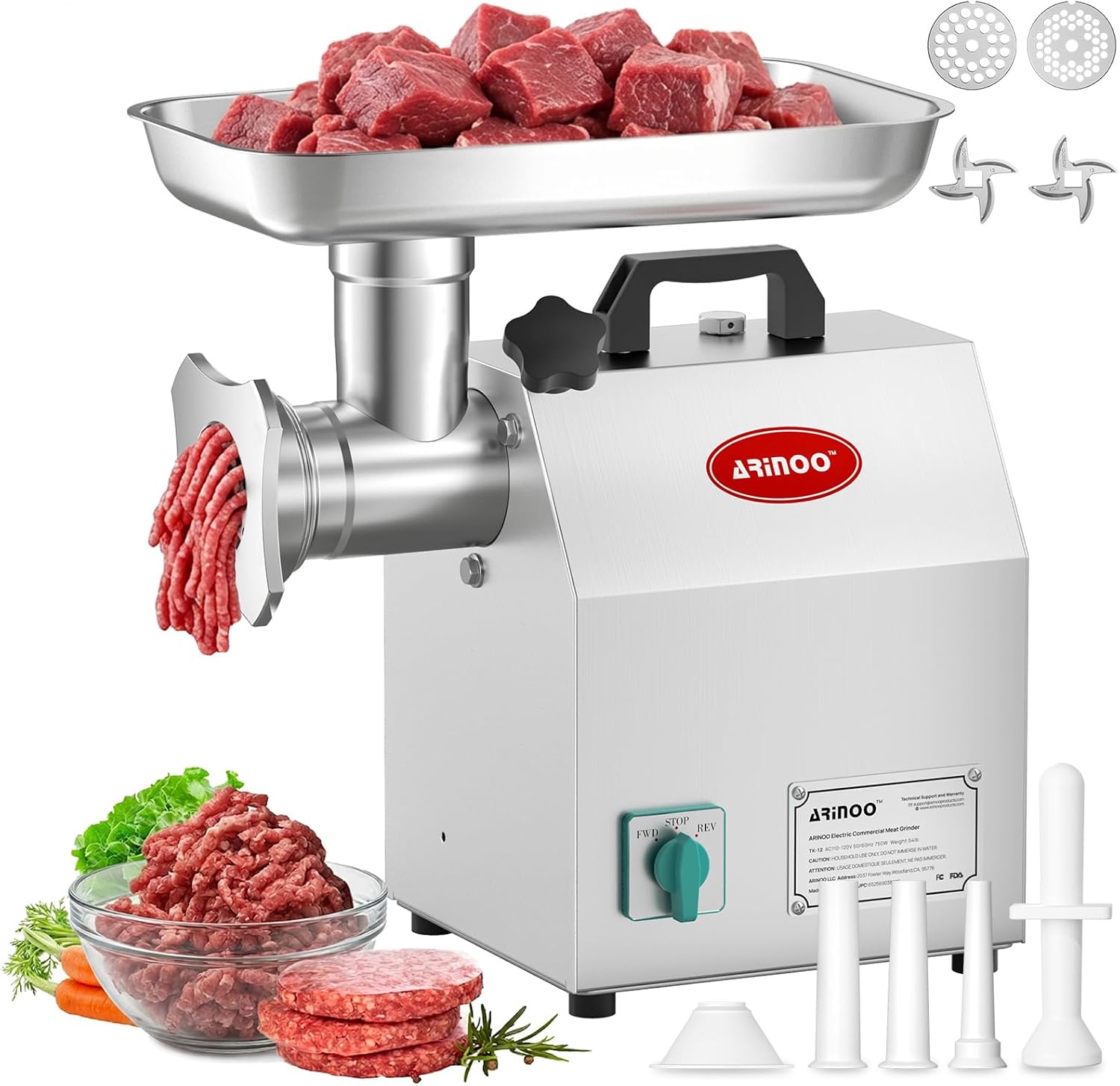 Commercial Electric Meat Grinder #12, 1.0HP Heavy Duty Stainless Steel Meat Mincer, Sausage Stuffer with 2 Blades, 2 Plates & 3 Sausage Tubes, Meat Grinder Machine for Home Use Butchering