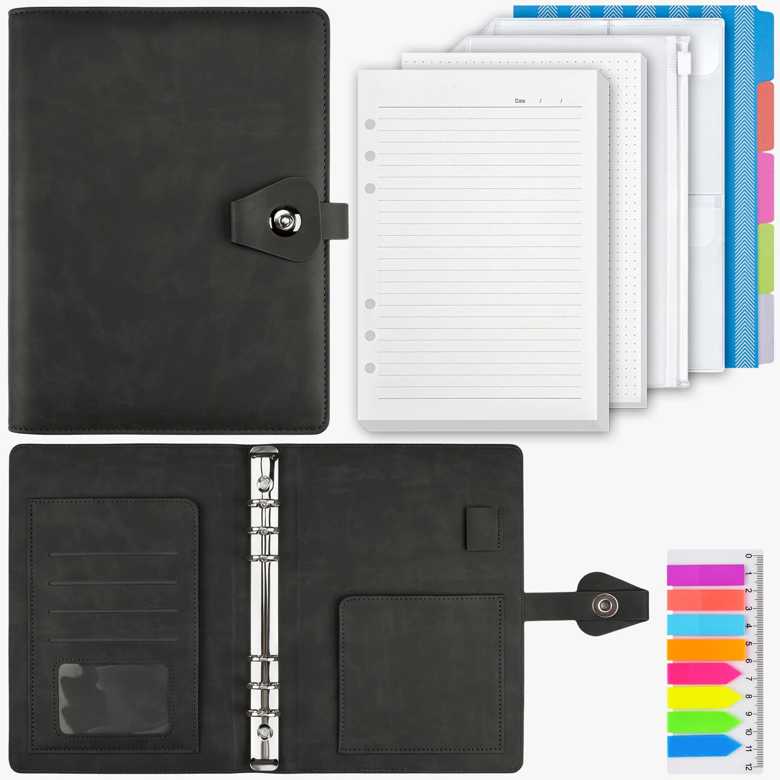 PU Leather A5 Ring Binder Notebook, 6 Ring Binder with 200 Sheets Refill Papers, Planner with Dividers