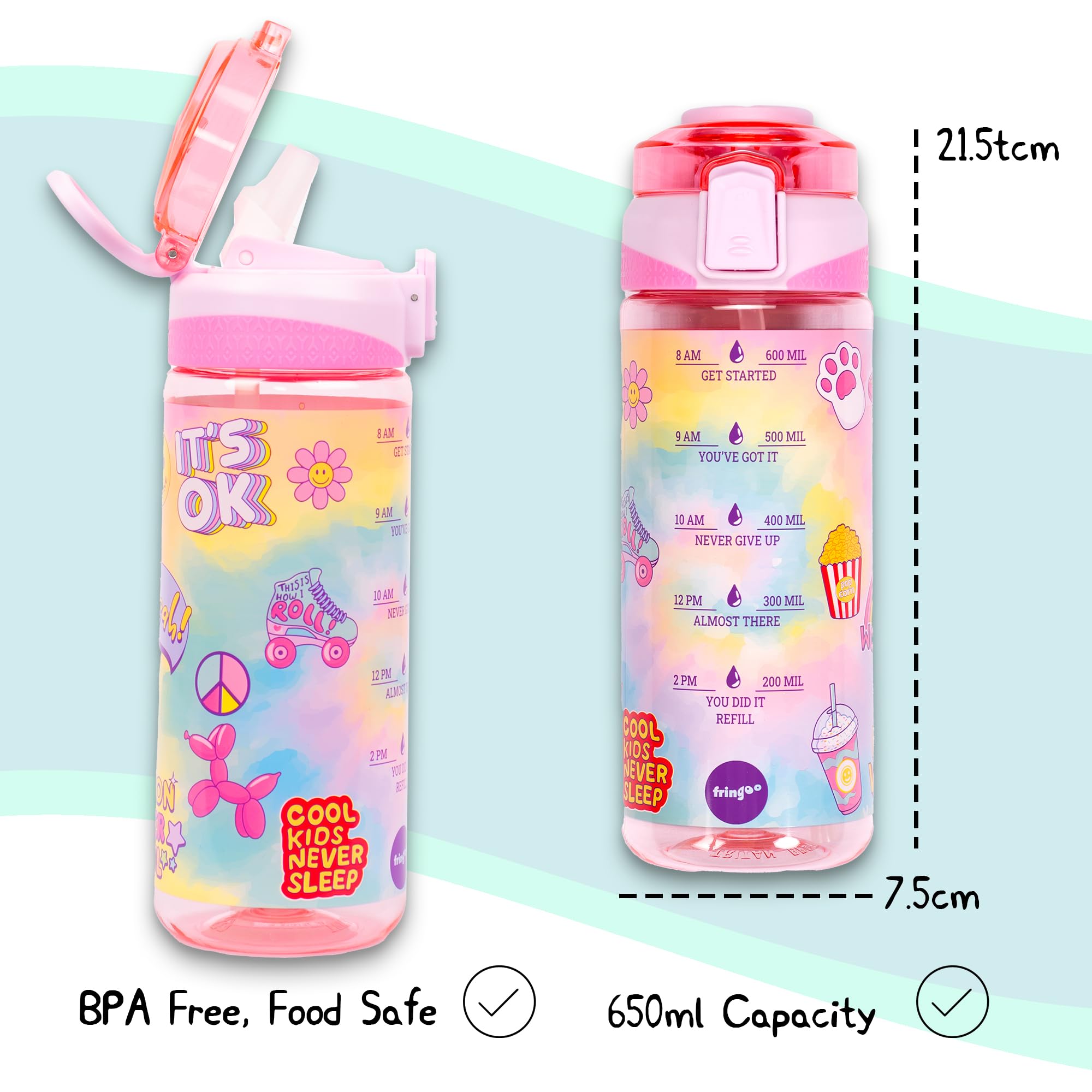 Fringoo, 650ml Kids Water Bottle, Carry Handle 100% Leakproof & BPA Free Tritan Silicon Straw, Secure Flip Lock Lid - Image 3