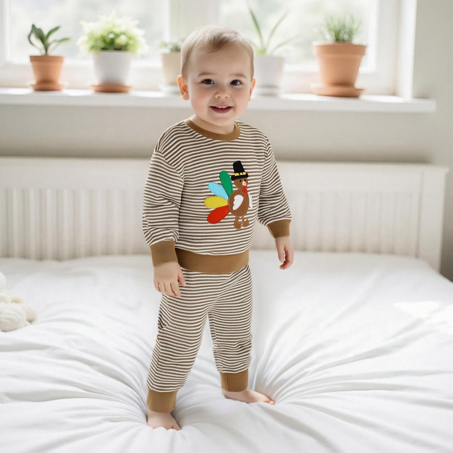 Toddler Baby Boy Girl Thanksgiving Outfit Turkey Embroidery Striped Waffle Knit Long Sleeve Sweatshirt and Pants Set - Image 6