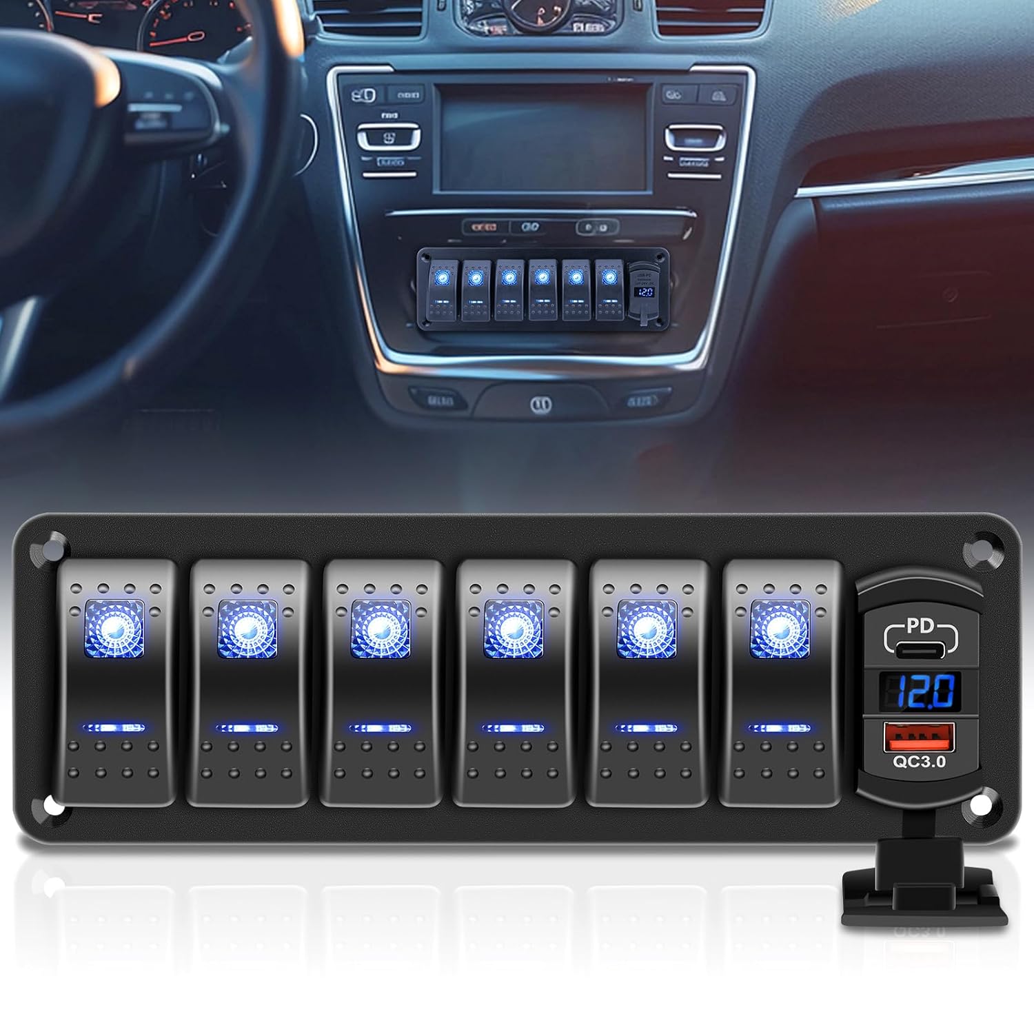 RVZONE 6 Gang 5 Pin Marine Boat Rocker Switch Panel with DC 12-24V LED Voltmeter PD Type C and QC 3.0 USB Fast Charging IP68 Waterproof Toggle Switch Panel for Boat Marine UTV Truck Car (Blue)