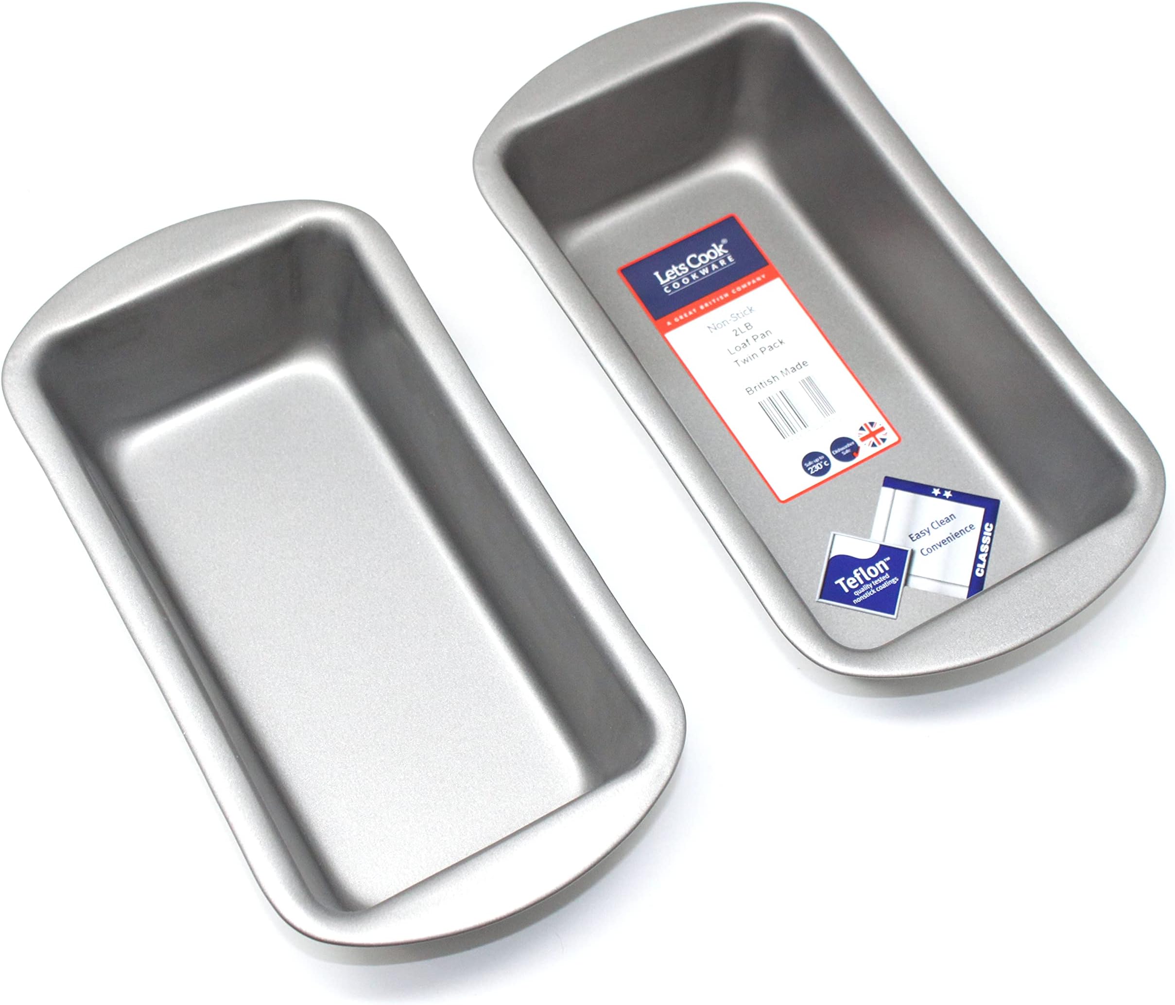 Lets Cook Cookware2LB Loaf Pans, 900g, Twin Pack (Set of 2), Teflon Non Stick, British Made