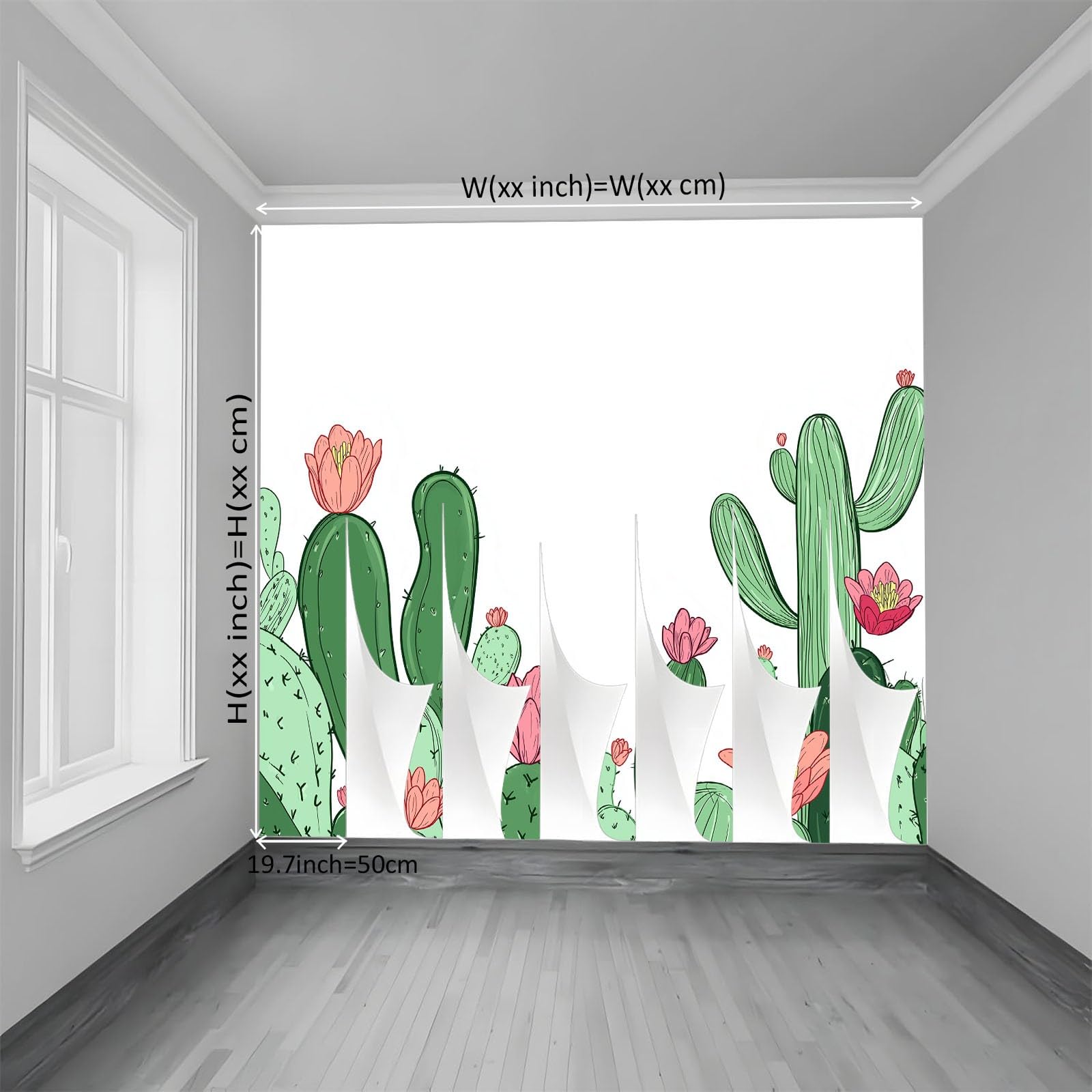 Panoramiczna tapeta botaniczna, 350 x 256 cm, ręcznie rysowana tapeta z kreskówki kaktus zielony kwiatowy XXL - plakat ścienny do salonu, sypialni dorosłych, pokoju dziecięcego i biura