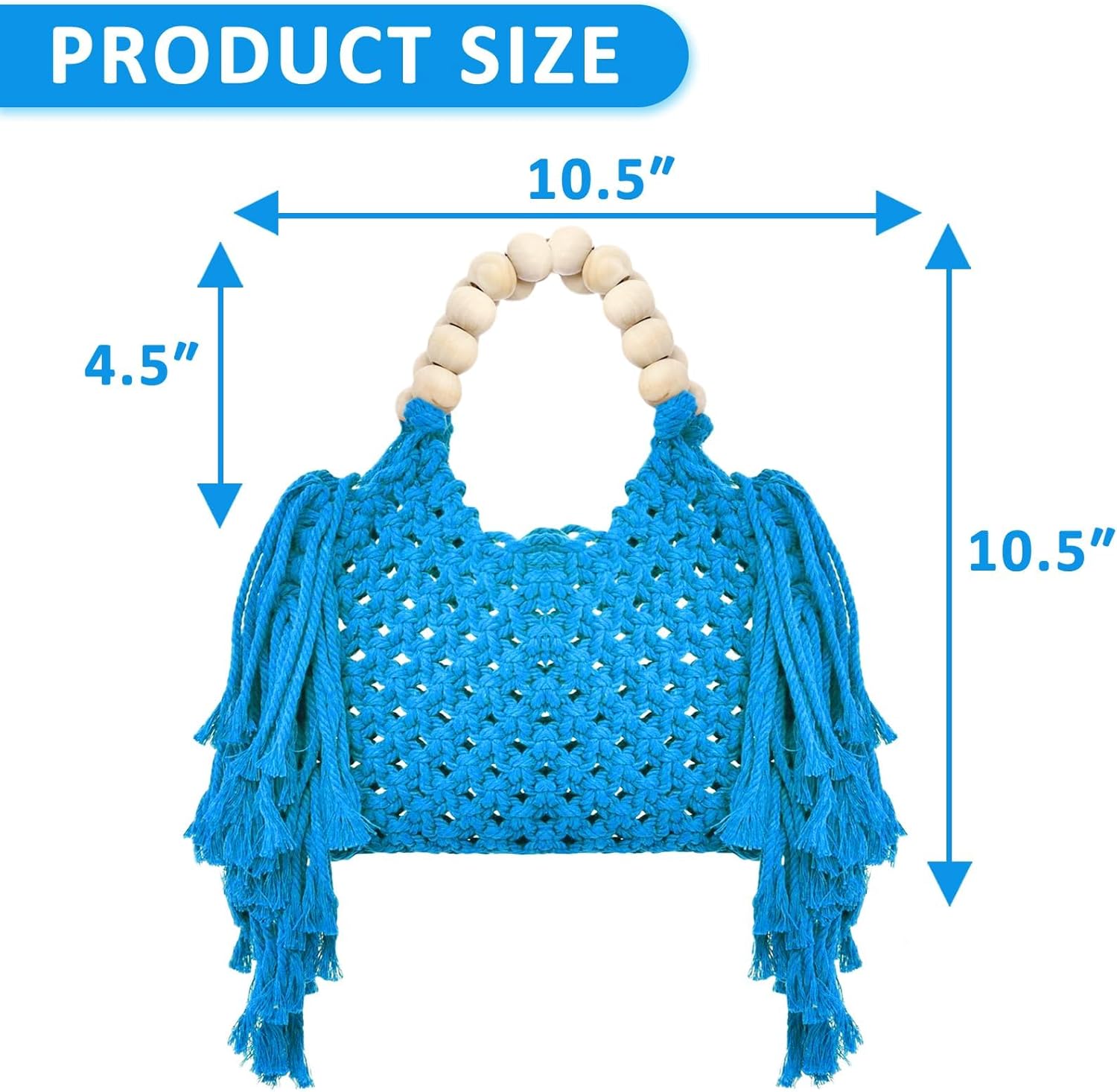 Handbags for Women, Hand-woven Knitted Cotton Handbags, Tassel Woven Bag, Wooden Bead Handle, Shoulder Bag for Beach Vacation(Blue)