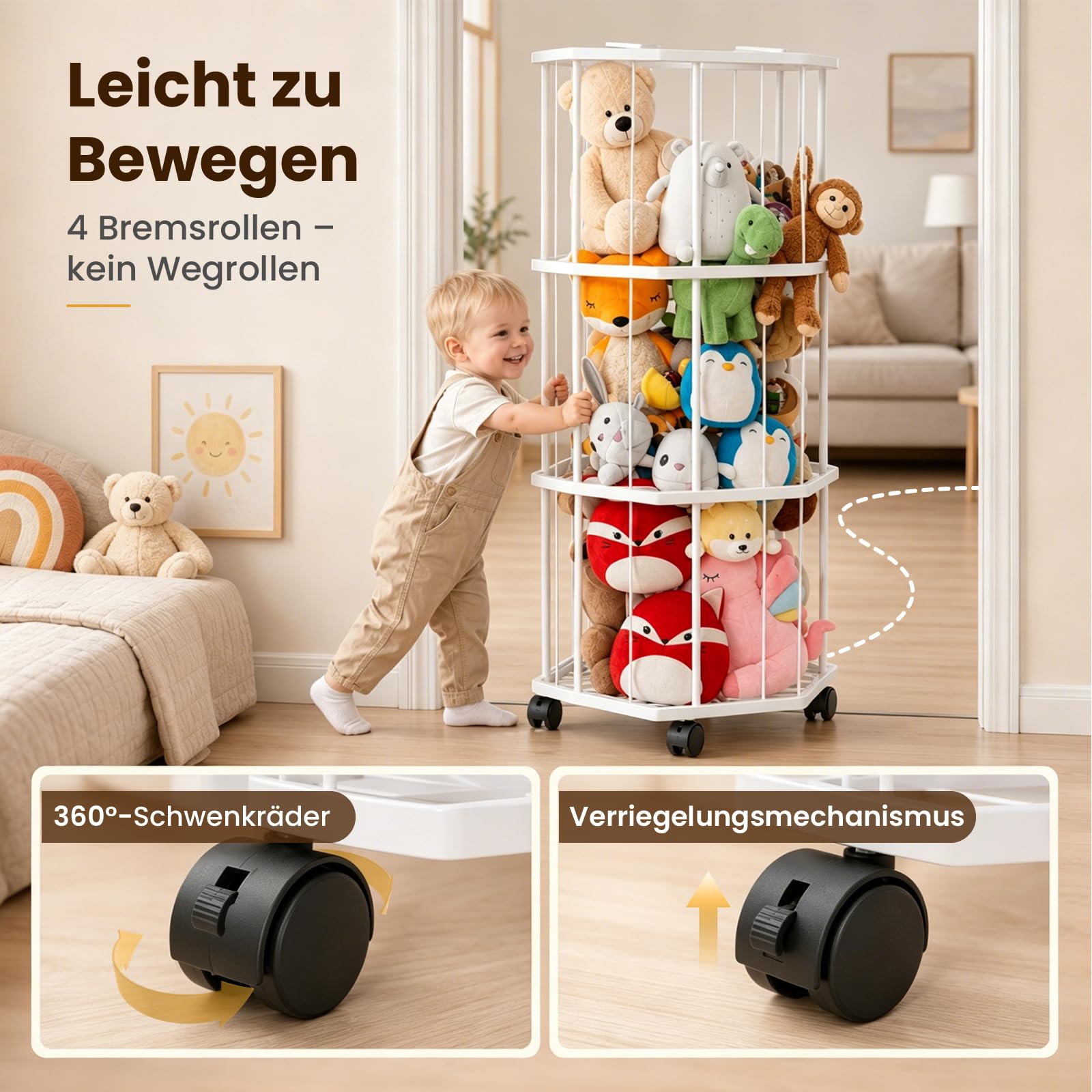 Stahll Groß Kuscheltier Aufbewahrung 145 cm mit 360° Bremsrädern | Stofftier Aufbewahrung mit Elastische Schnuren, Platzeinsparung 3-Schicht Aufbewahrung Kuscheltiere für Kinderzimmer Playroom