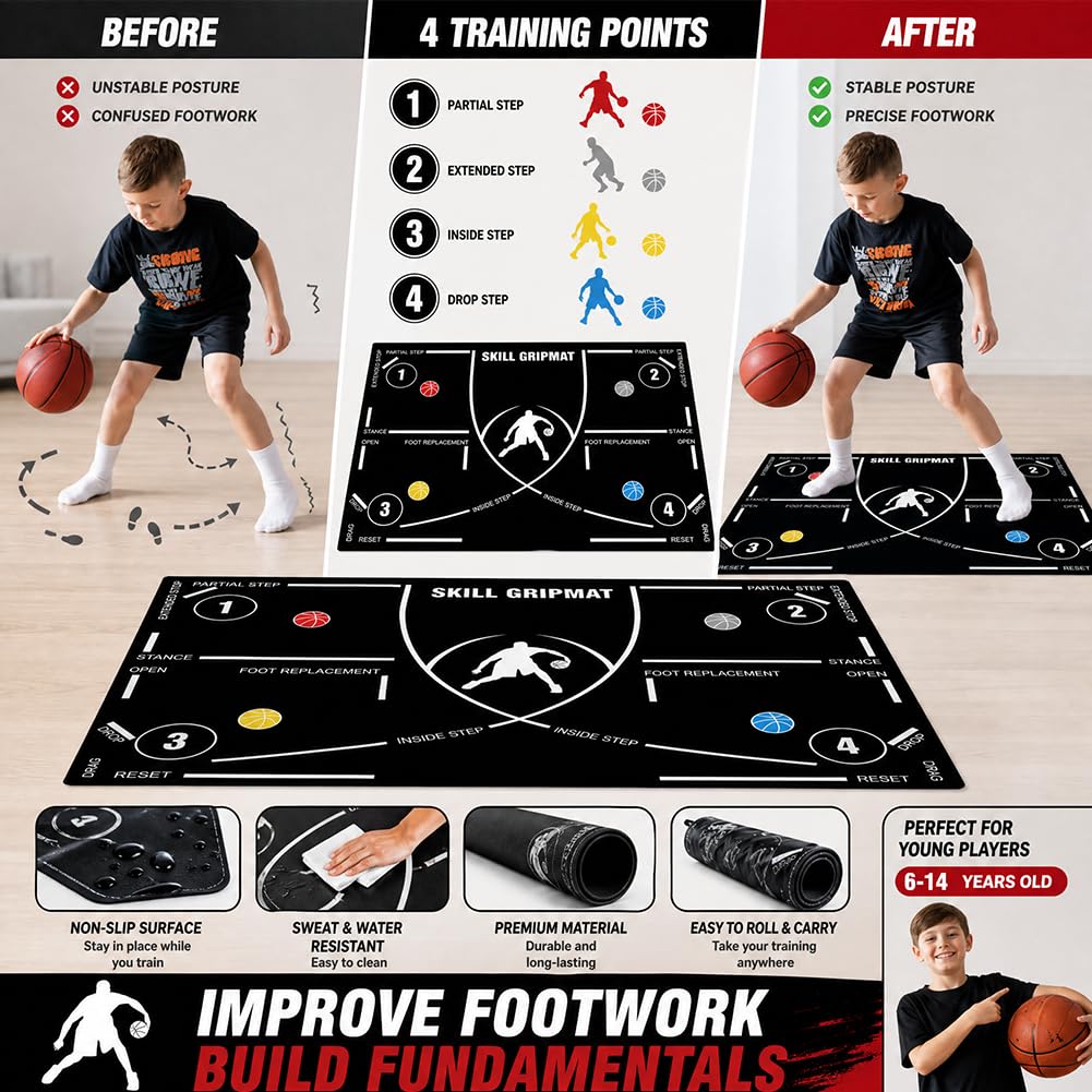Tapis d'entraînement de basket-ball - Tapis d'entraînement antidérapant - Grand format - Poignée de basket-ball silencieuse - Pour l'entraînement à la maison