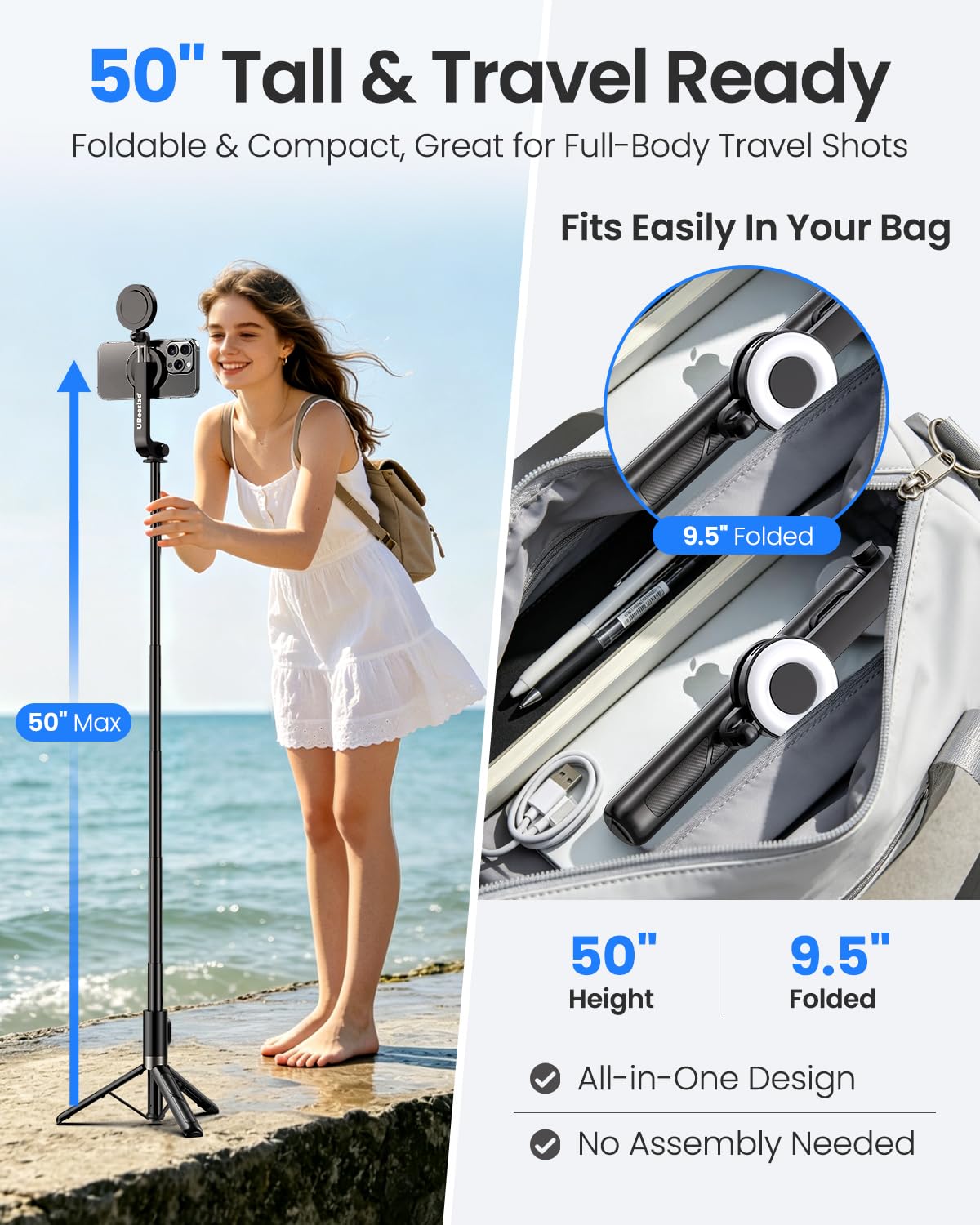 UBeesize Perche à Selfie magnétique avec lumière à intensité Variable et télécommande Rechargeable, trépied Portable de Voyage pour téléphone Portable MagSafe et téléphones Android, idéal pour