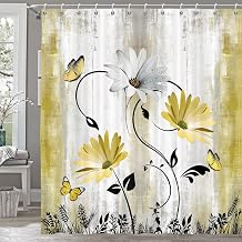 Rustic Farmhouse Shower Curtain for Bathroom, Farm Teal Daisy Floral Flowers and Butterfly on Country Wooden Bath Curtains, Turquoise Yellow Fabric Bathroom Decor Set with Hooks 69x70