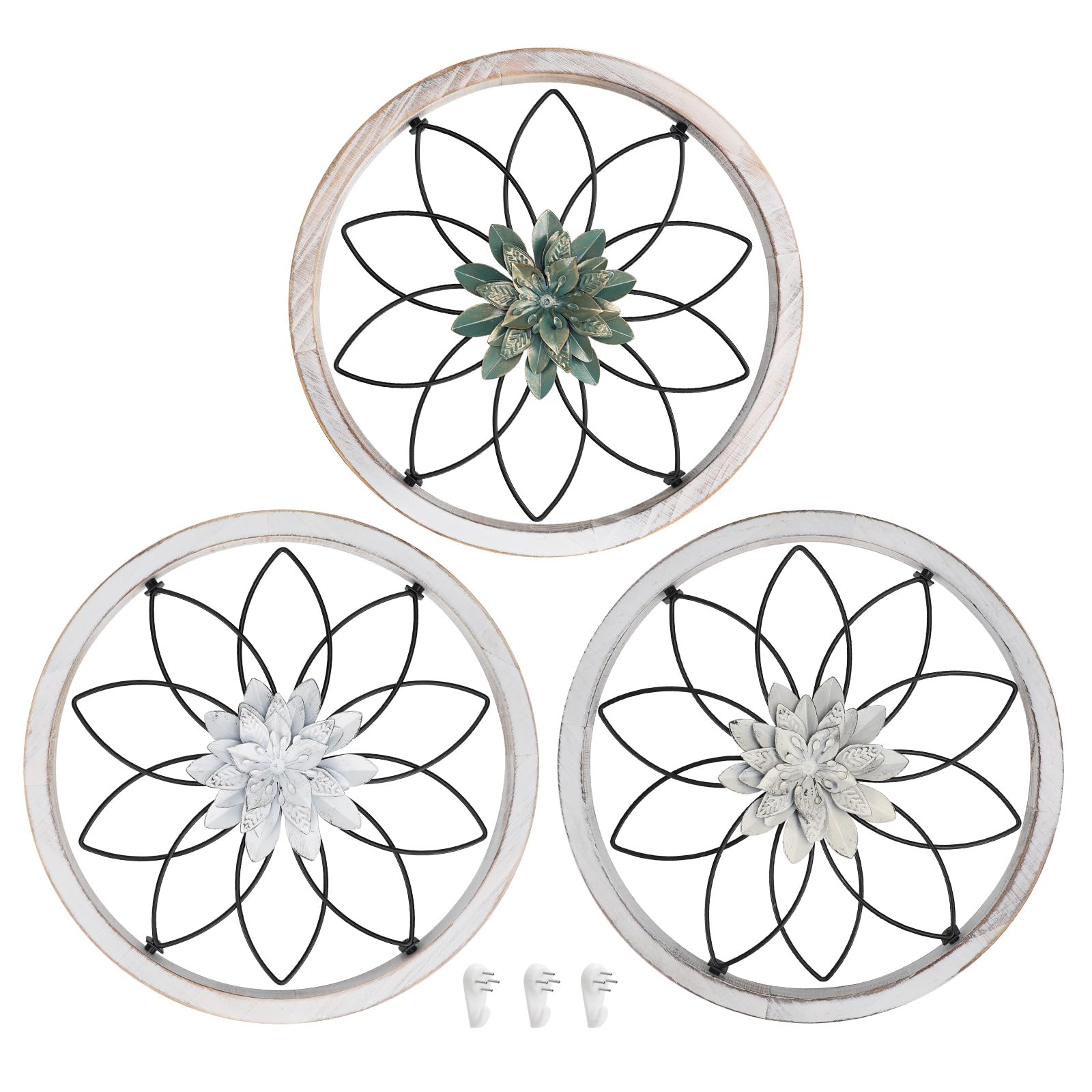 SWAWIS 3 Piezas Decoración de Pared Rústica, Ø 30 cm Decoración de Pared Floral 3D, Decoración de Pared de Metal con Marco de Madera, para Sala de Estar Pasillo Dormitorio Oficina (Espesor de 2 cm)