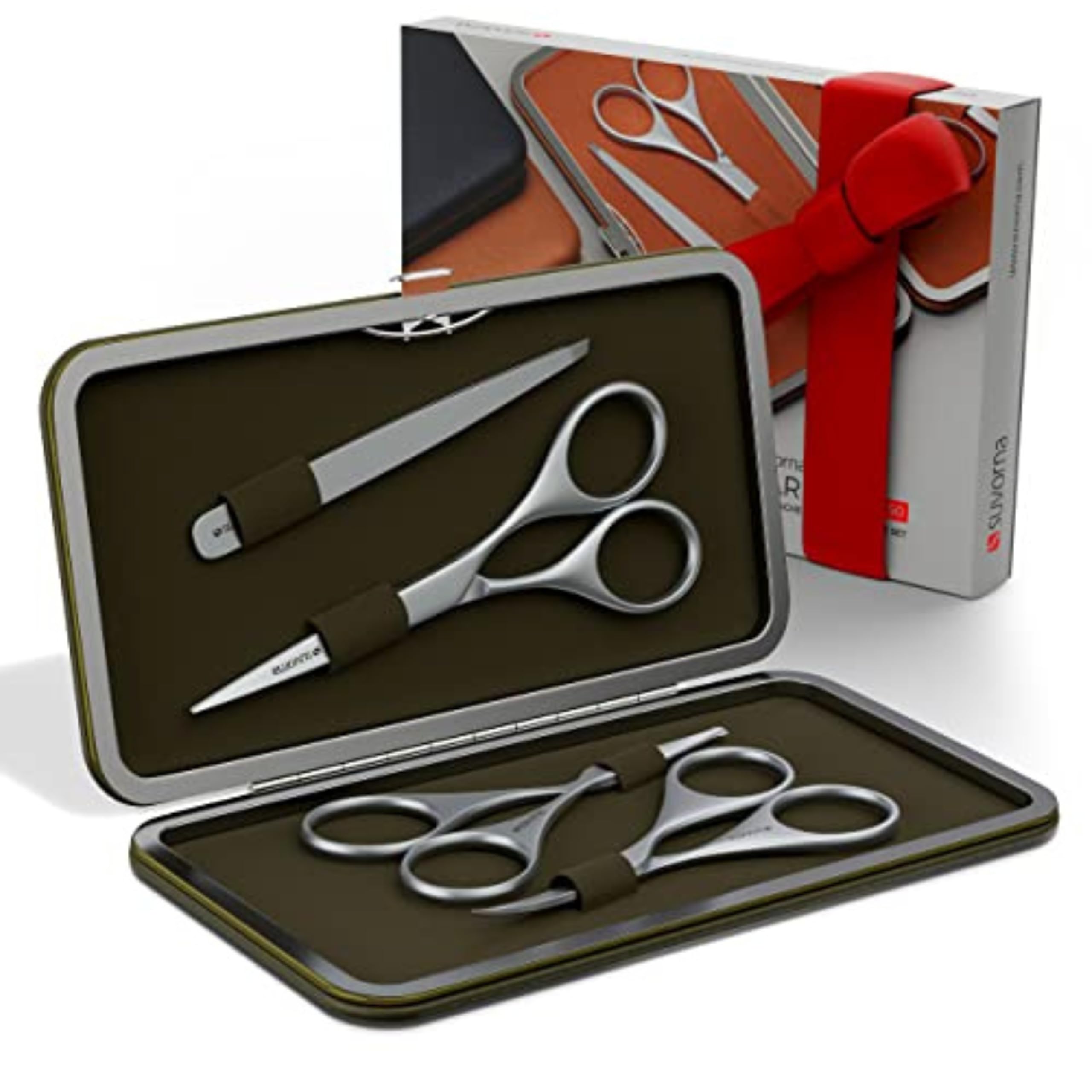 Suvorna Men's Olive Green Moustache And Beard Kit With Beard Scissors, Eyebrow Scissors And Tweezers For Facial Hair - Hair Cutting Scissor And Hair Dresser Scissor - Facial Kit For (Green)