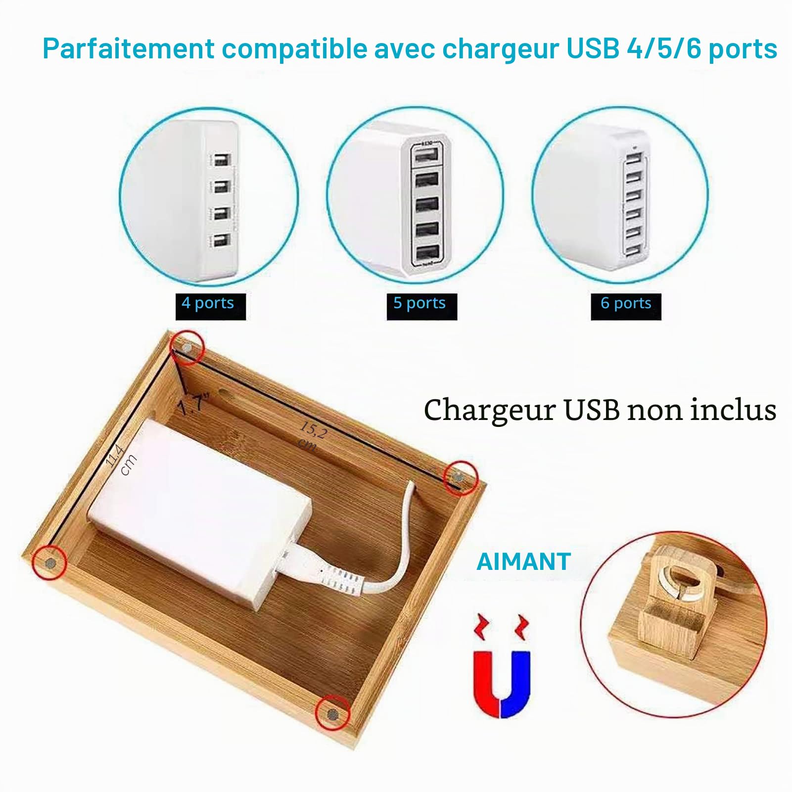 Jenngaoo Station de Charge en Bois pour Téléphone et Tablette | Organisateur de Bureau Multi-appareils avec Gestion des Câbles, compatible Smartphone, Montre, Écouteurs, Bureau, Maison
