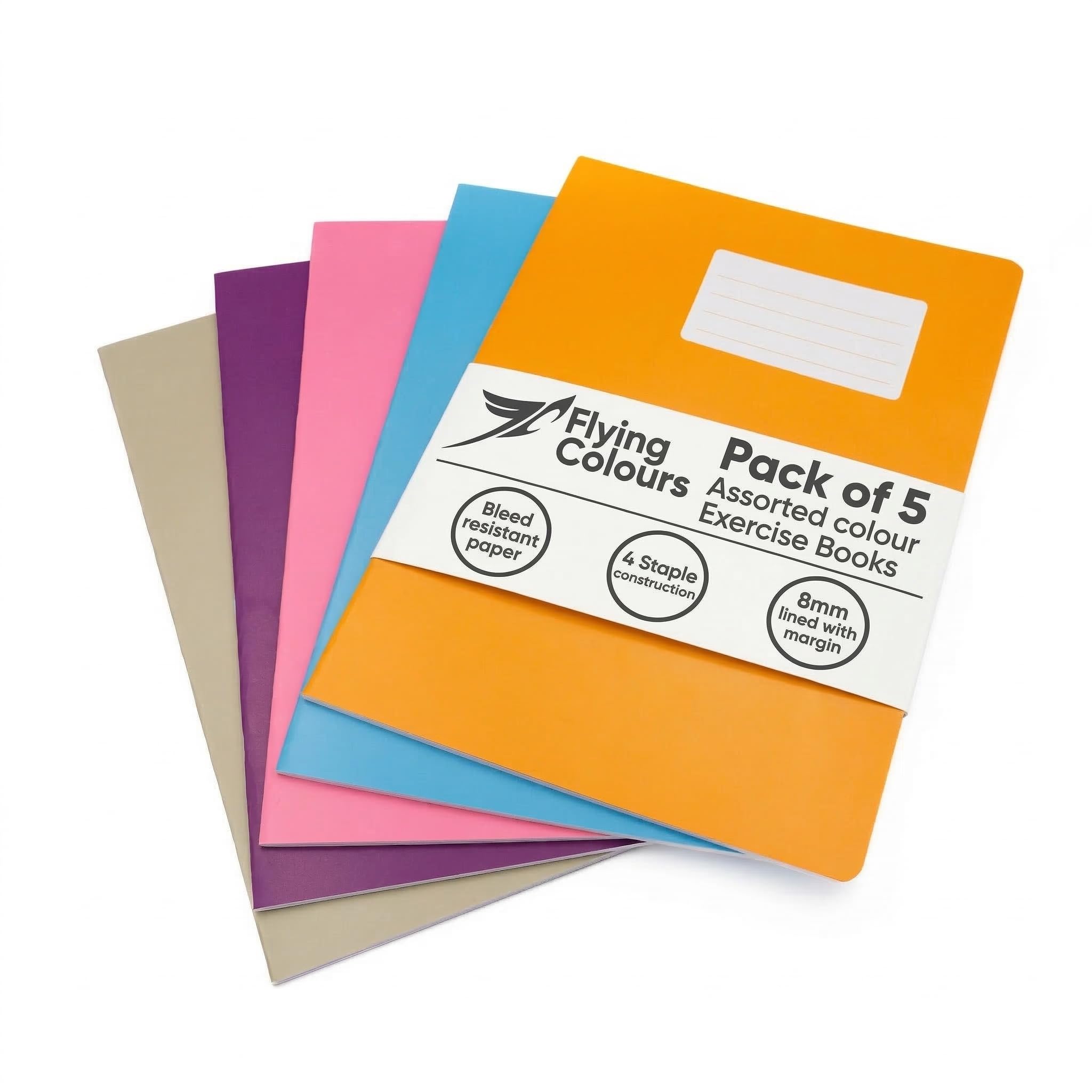 Flying Colours A4 Exercise Books 8mm Lined Pages, 5 Assorted Colour Exercise Books A4 Lined in Buff, Purple, Pink, Blue & Orange, Writing Book pack for Home or School Revision Notebooks & Journaling