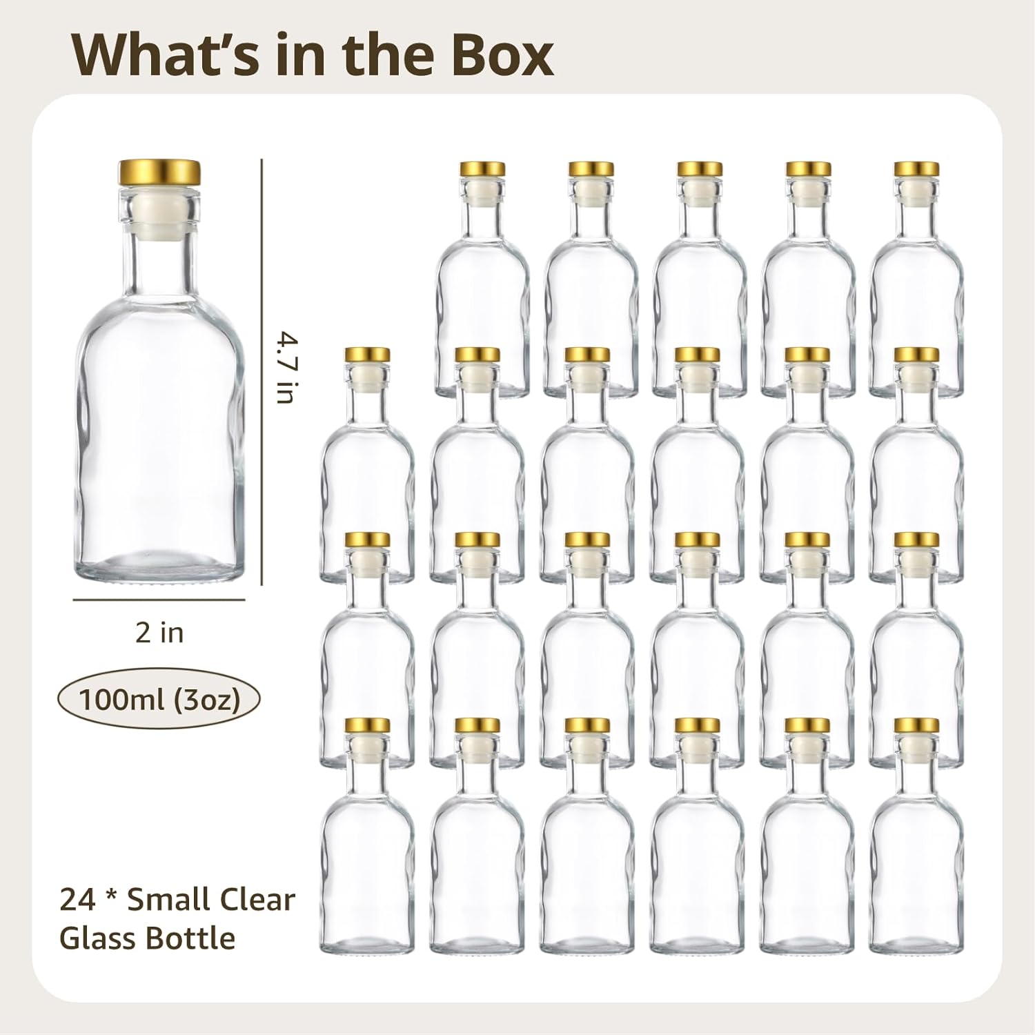24 Pack Clear Glass Bottles 3.4 oz, Glass Liquor Bottles with T-Top Caps, Mini Glass Bottle with Cork, 100ml Glass Container for Beer, Juice, Oil, Sauce