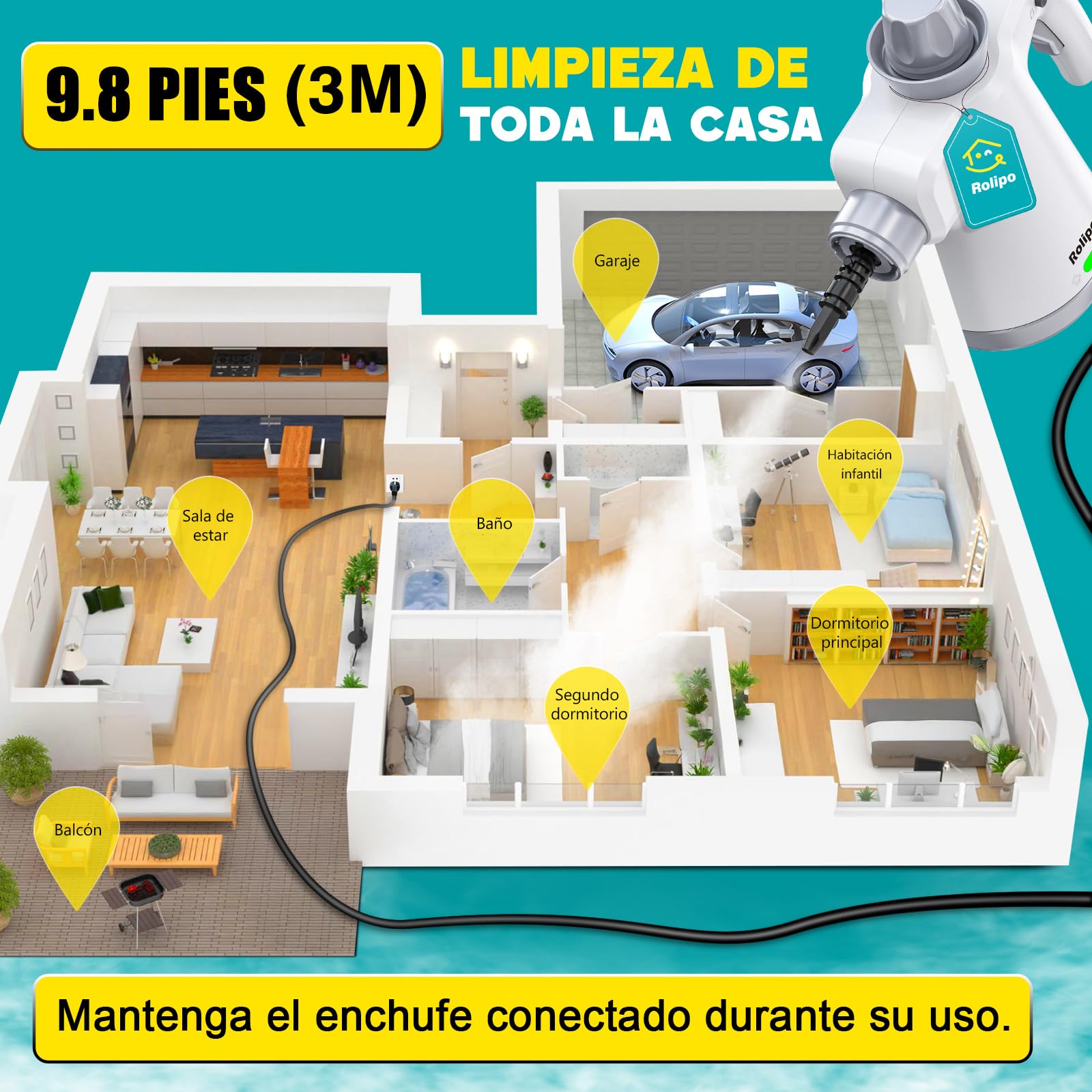 Rolipo Limpiador a vapor portátil a presión con 12 accesorios y cierre de seguridad, pistola de vapor doméstica multifuncional para limpiar cocina, baño, juntas, ventanas y grasa
