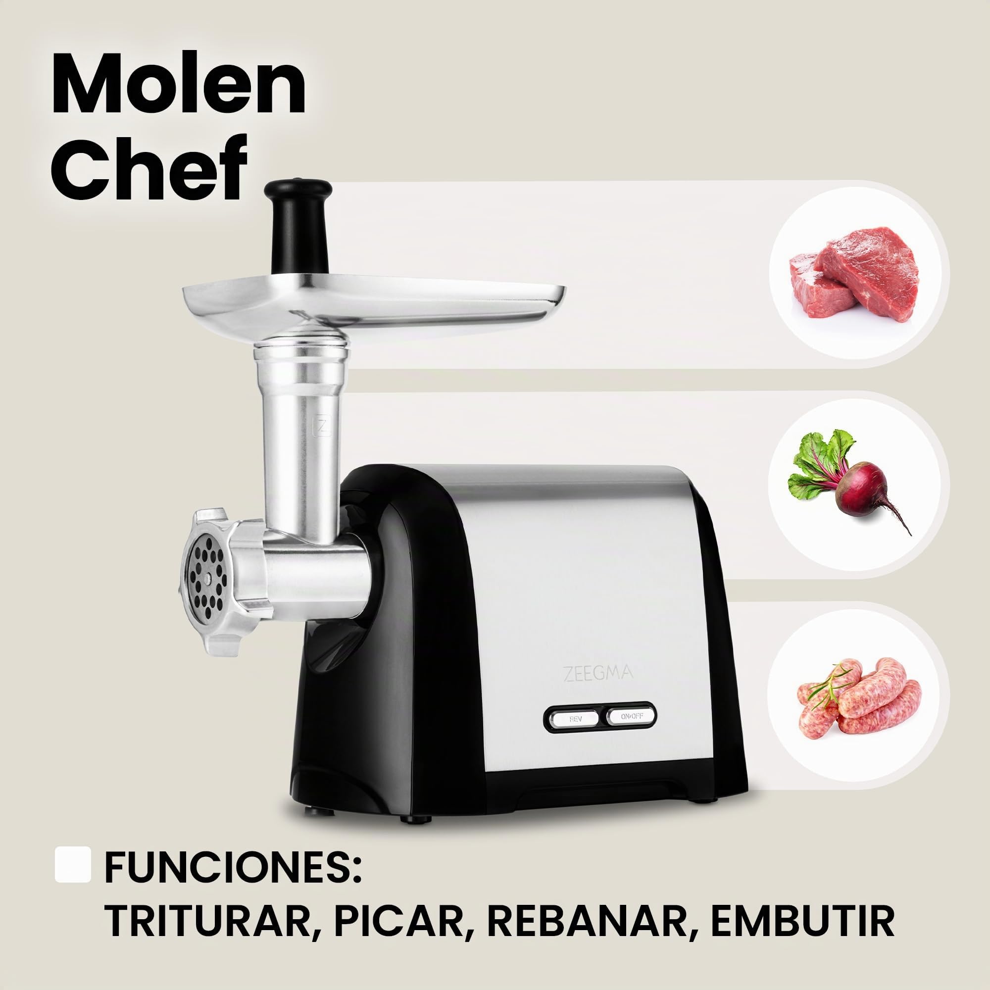 ZEEGMA Molen Chef Picadora eléctrica de carne 1900 W con 3 placas de molienda de acero inoxidable, 3 kg/min, máquina de embutidos, kubbe, triturado, función REV, estuche de accesorios (Plata)
