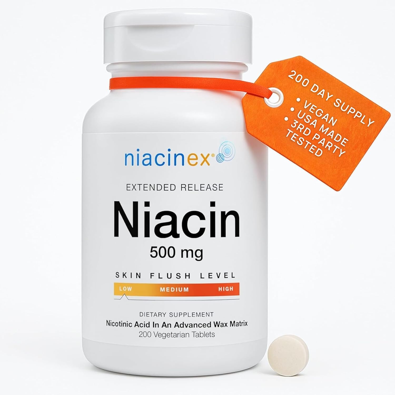 Niacin 500mg Extended Time Release, 200 Tablets, Minimal to No-Flush, Vitamin B3 Supplement - Cholesterol Balance, Nicotinic Acid Vegan, cGMP, made in the USA