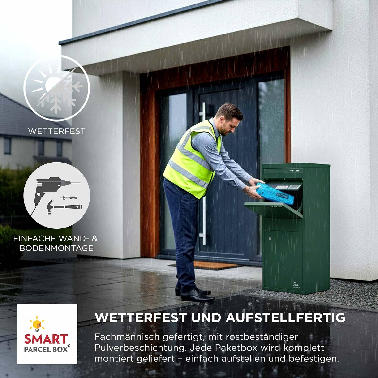 Smart Parcel Box Paketbox L - Briefkasten mit Paketfach wetterfest, grün | Paketbriefkasten, Paketbox draußen, Entnahme hinten & vorne, Standbriefkasten, rostfrei, verzinkter Stahl, pulverbeschichtet