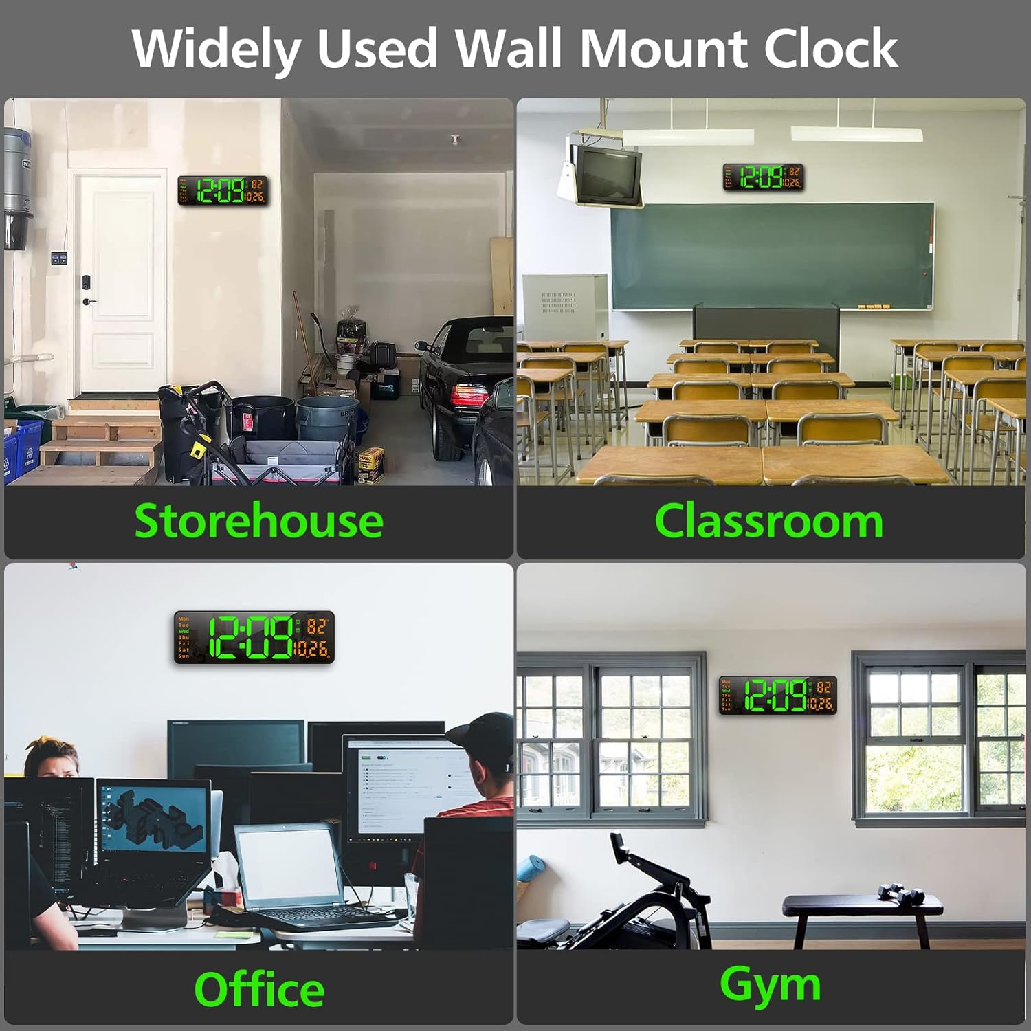 Zgrmbo 16-inch Digital Wall Clock mounted on a wall in various settings: storehouse, classroom, office, and gym.