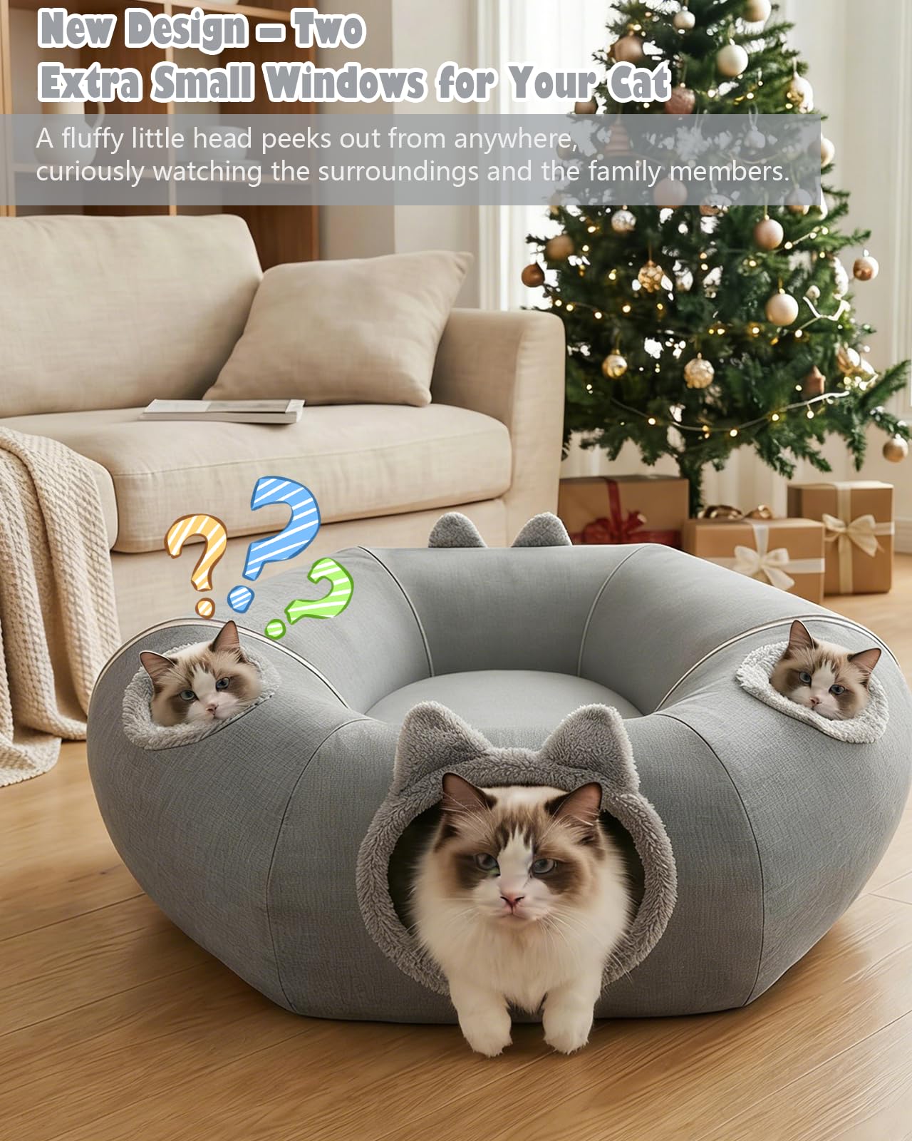 Katzentunnel aus Leinen für den Sommer, XXL Katzentunnel Große Katzen mit Schlafplatz & Bed Weiches, mit Zwei Eingängen Katzenhöhle & Hängende Bälle, Katzen Donut Cat Tunnel für Katze (Dunkelgrau)