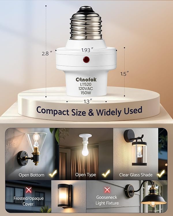 otnofok Light Sensor Socket, E26/E27 Light Bulb Socket, Automatic Dusk to Dawn Photocell Sensor with 300° Adjustable Angle for Outdoor Lighting in Porch, Garage, and Wall Lights, White, 4 Pack by otnofok - Image 5
