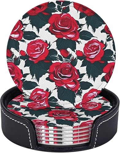 Miniatura 5 de Rose Flower Floral Picture Leather Coasters for Drinks Set of 6 for Tabletop Protection, Elegant Home Decor & Housewarming Gift