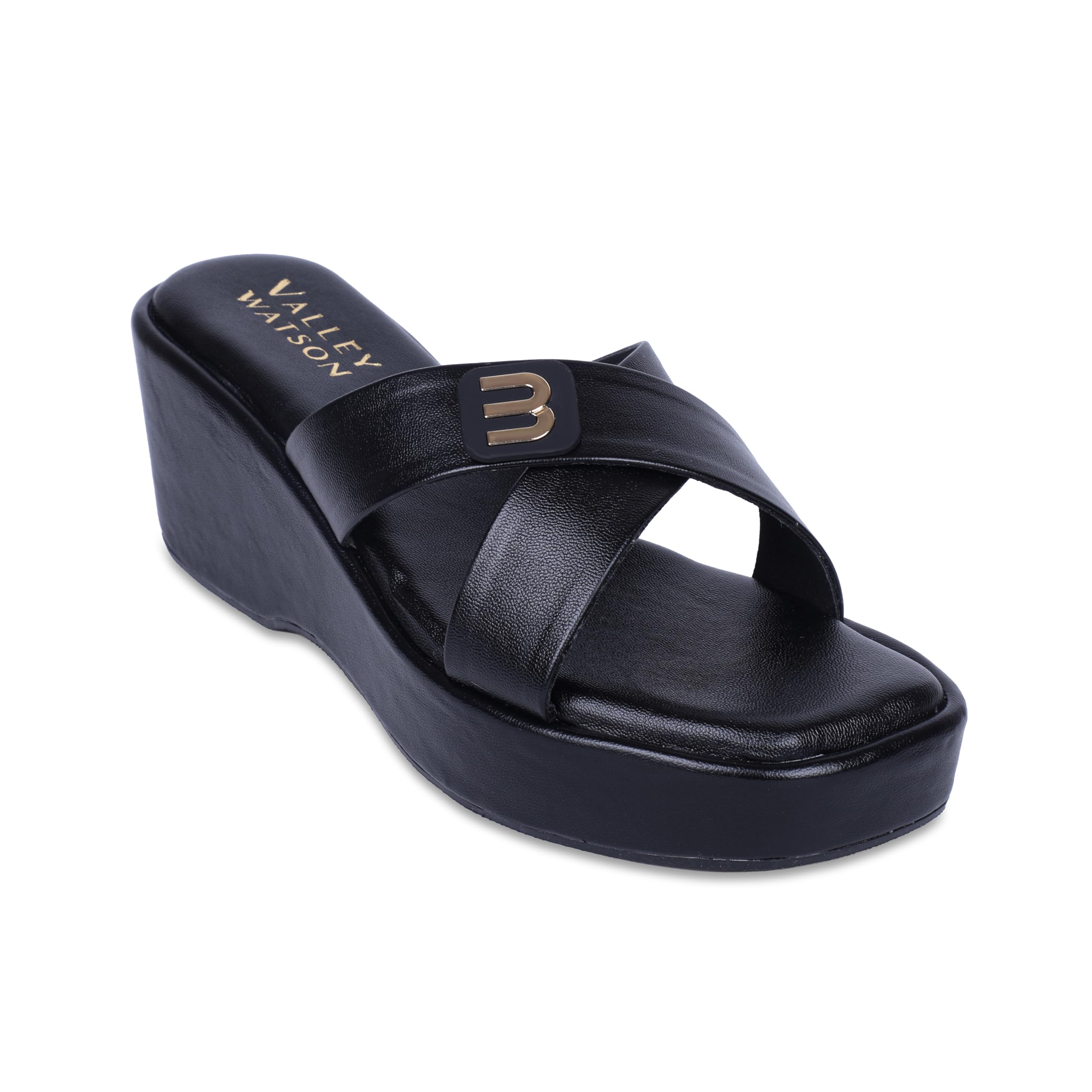 Women’s Black Wedge Heels Sliders | Cross Strap Slip-On Sandals with Cushioned Footbed | Stylish Casual and Party Footwear-image-31